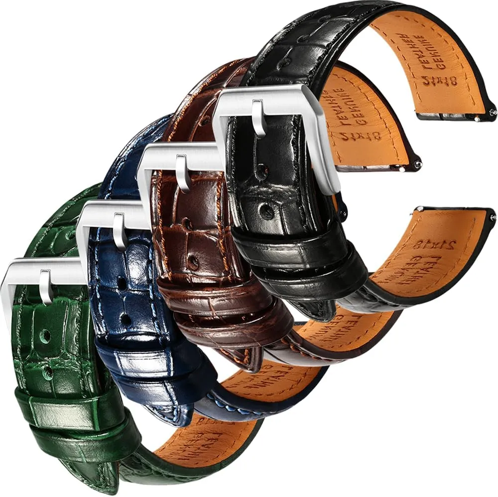 Handmade Quick-Release Alligator prefer applicable Grain Embossed Watch Straps - Set of 4, 21mm REZERO Black/Brown/Blue/Green 