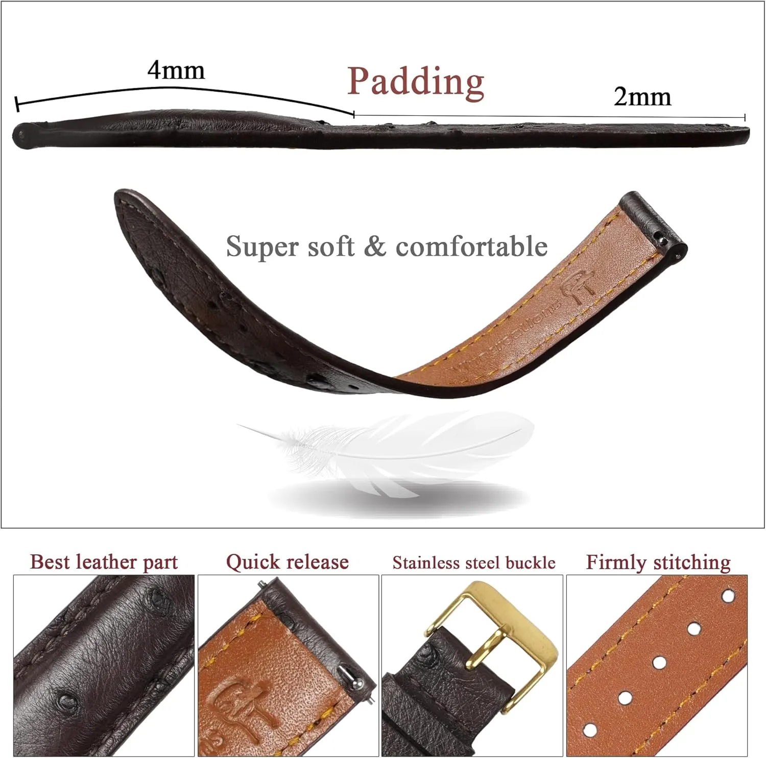Handmade Replacement Elegant Wrist Watch Straps Vintage Extra Soft Exotic Leather Strap 18mm 19mm 20mm 21mm 22mm Quick methanol Release Ostrich Leather Watch Bands Men 