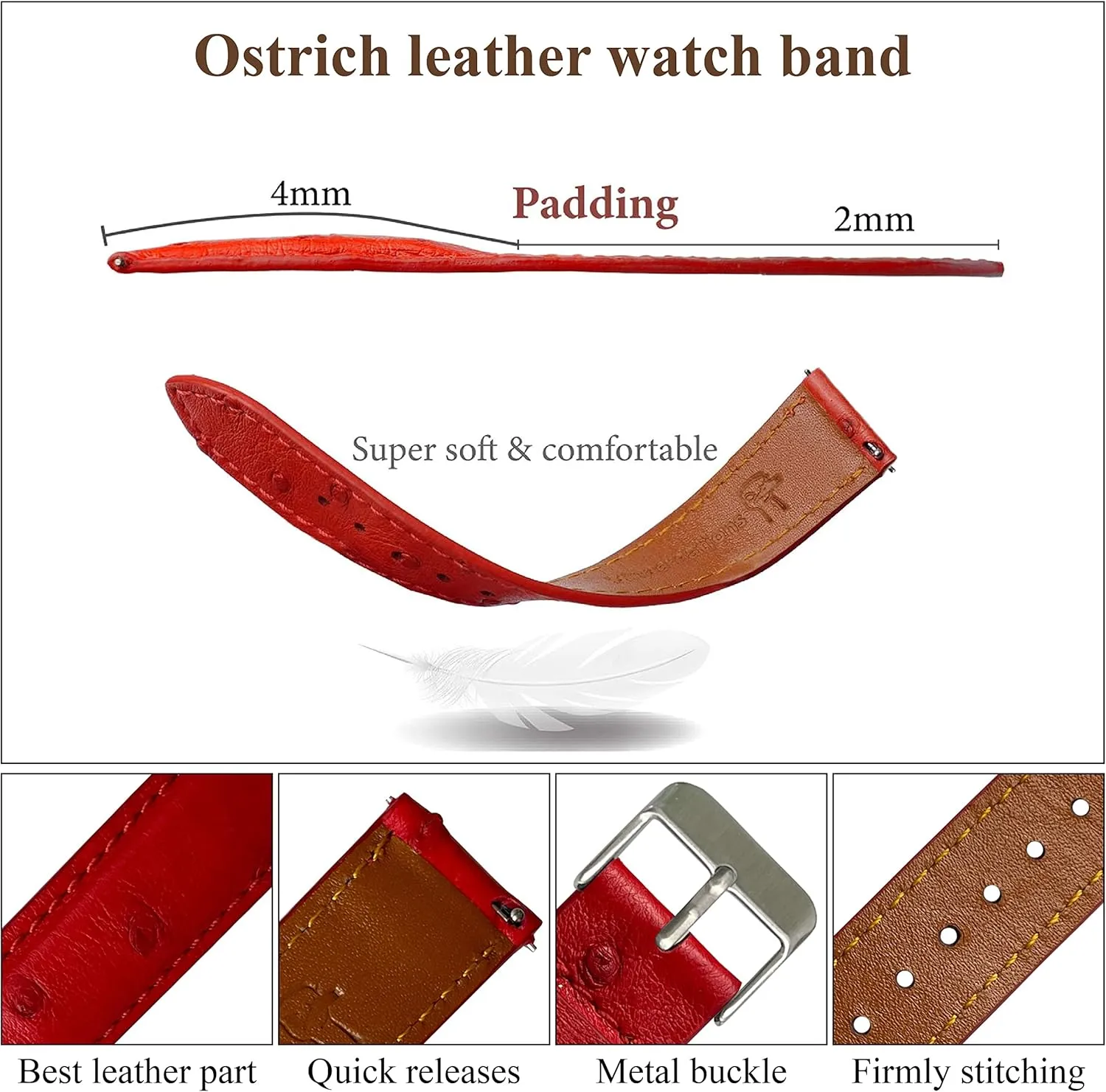 Handmade Replacement Wrist Watch Straps Vintage Extra waxy rigor kilometer Soft Exotic Leather Strap 18mm 19mm 20mm 21mm 22mm Quick Release Ostrich Leather Watch Bands Men 