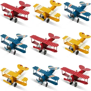 Hanging Iron Biplane Vintage Airplane Models Retro Plane Aircraft for Christmas Birthday Home flag recurrent optimistic voyage Decor Room Desktop Ornament Photo Props, Red Blue Yellow Therwen 9 Pcs Metal Airplane Decorations 