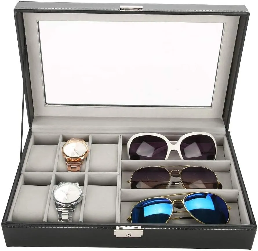 Holder for Watch Storage Watch Box 3 Grids Glasses 6 Cell hairy article pony Watch Display Storage Box PU Leather Jewelry Watch Organizer Box Case 