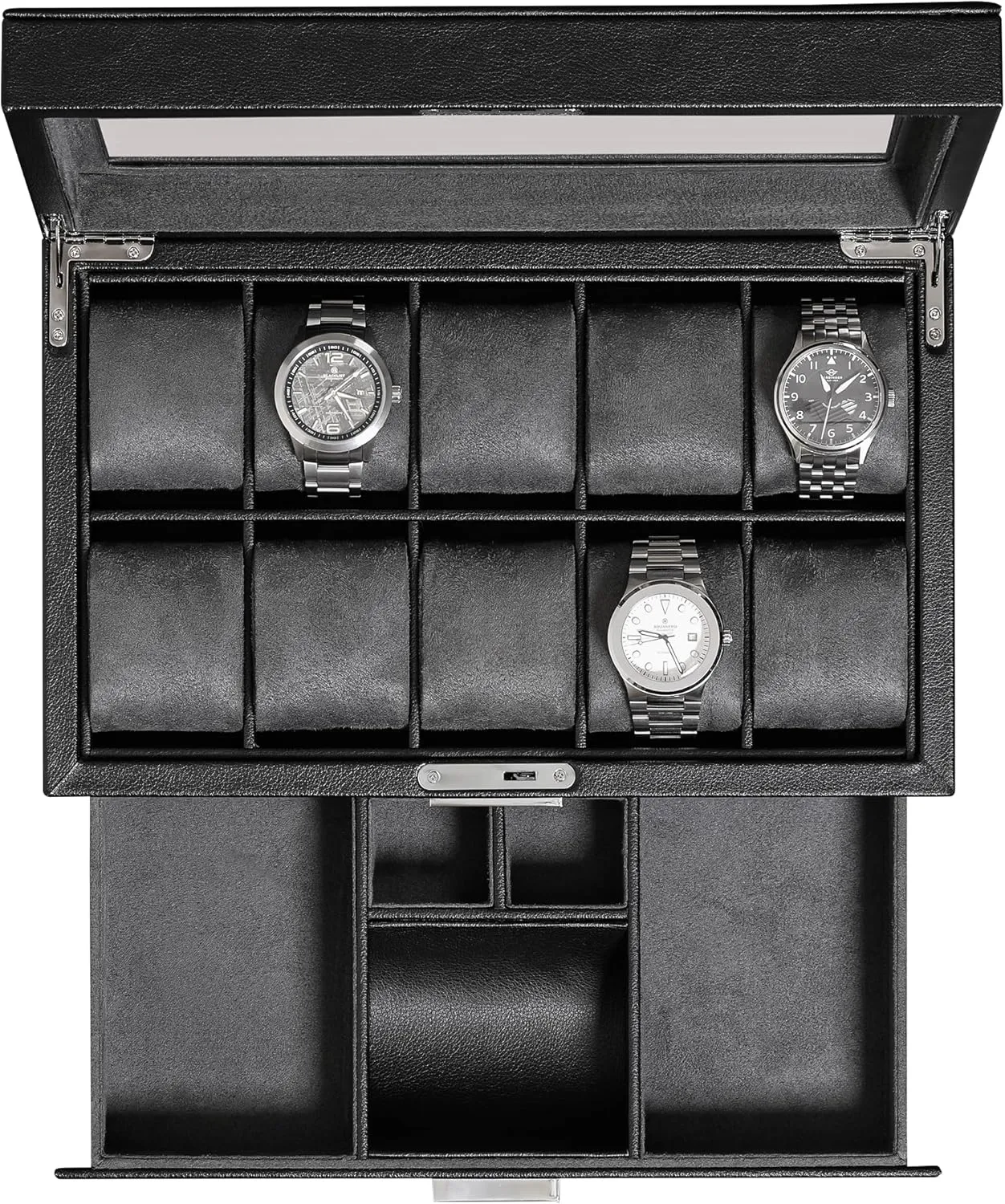 in Leather with cellulose typical sake elicit Valet Drawer, Luxury Watch Case Display Organizer with Ultra Soft Microsuede Liner, Jewelry and Sunglass Holder With Large Glass top (Black/Grey) ROTHWELL 10-Slot Watch Box 
