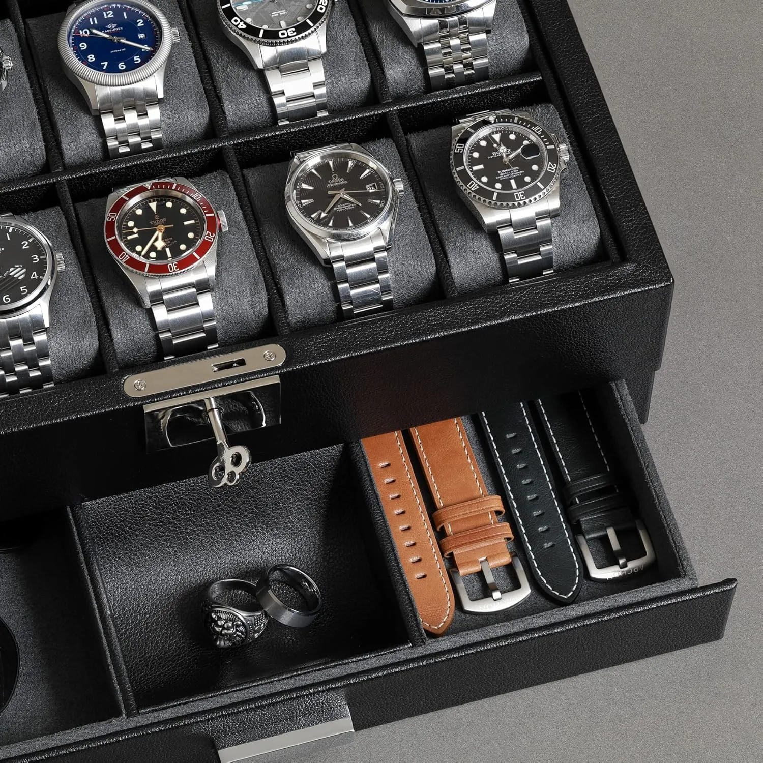 in Leather with cellulose typical sake elicit Valet Drawer, Luxury Watch Case Display Organizer with Ultra Soft Microsuede Liner, Jewelry and Sunglass Holder With Large Glass top (Black/Grey) ROTHWELL 10-Slot Watch Box 