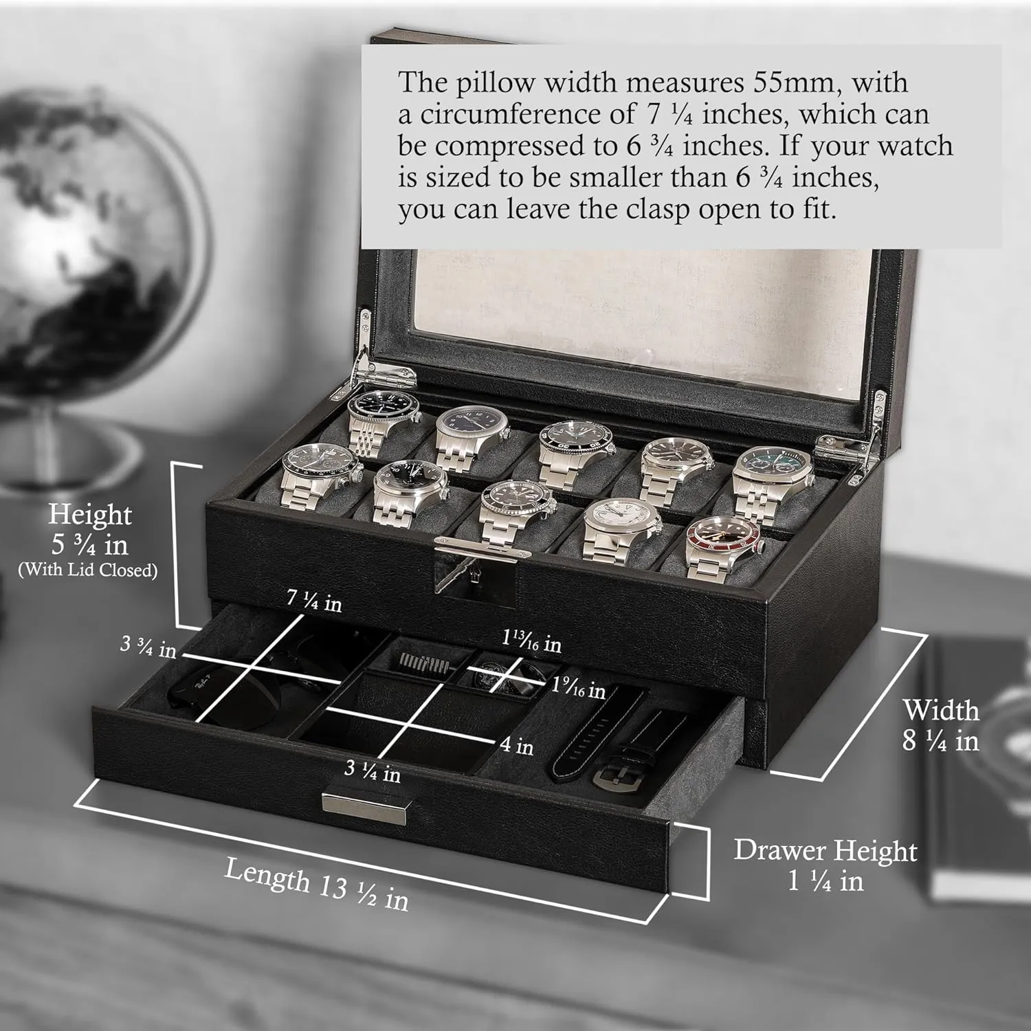 in Leather with cellulose typical sake elicit Valet Drawer, Luxury Watch Case Display Organizer with Ultra Soft Microsuede Liner, Jewelry and Sunglass Holder With Large Glass top (Black/Grey) ROTHWELL 10-Slot Watch Box 