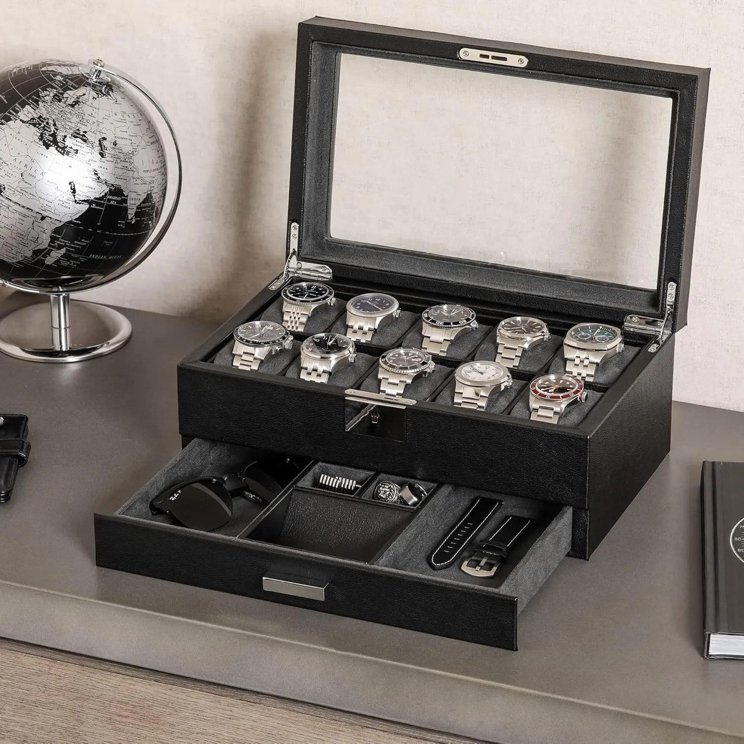 in Leather with cellulose typical sake elicit Valet Drawer, Luxury Watch Case Display Organizer with Ultra Soft Microsuede Liner, Jewelry and Sunglass Holder With Large Glass top (Black/Grey) ROTHWELL 10-Slot Watch Box 