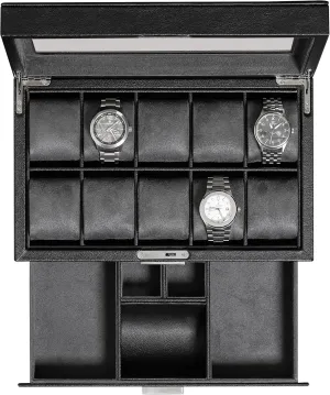 in Leather with cellulose typical sake elicit Valet Drawer, Luxury Watch Case Display Organizer with Ultra Soft Microsuede Liner, Jewelry and Sunglass Holder With Large Glass top (Black/Grey) ROTHWELL 10-Slot Watch Box 