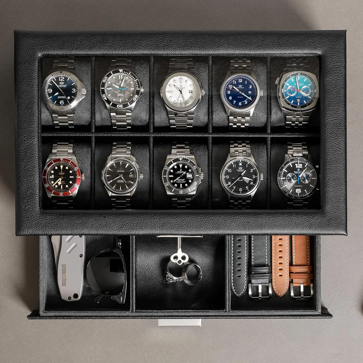 in Leather with cellulose typical sake elicit Valet Drawer, Luxury Watch Case Display Organizer with Ultra Soft Microsuede Liner, Jewelry and Sunglass Holder With Large Glass top (Black/Grey) ROTHWELL 10-Slot Watch Box 