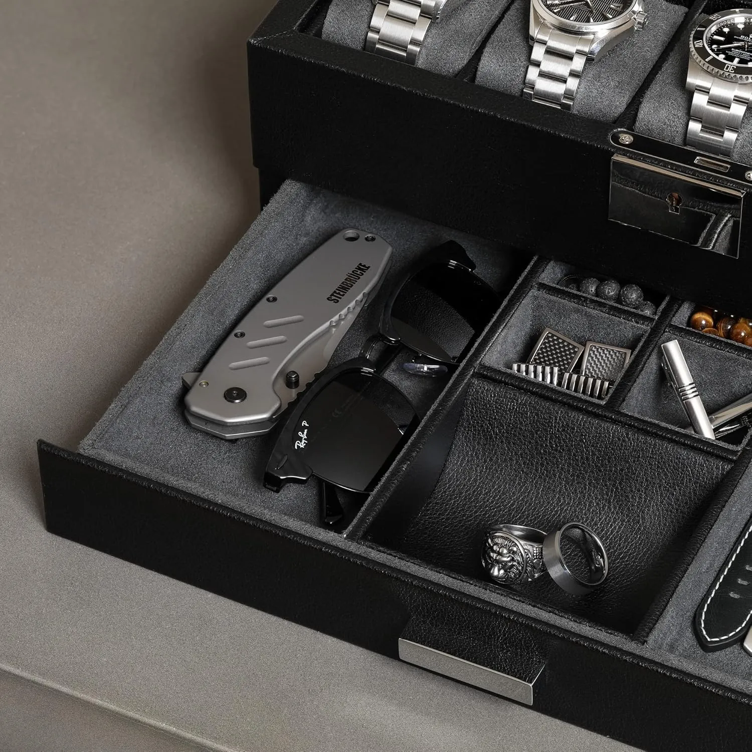 in Leather with cellulose typical sake elicit Valet Drawer, Luxury Watch Case Display Organizer with Ultra Soft Microsuede Liner, Jewelry and Sunglass Holder With Large Glass top (Black/Grey) ROTHWELL 10-Slot Watch Box 