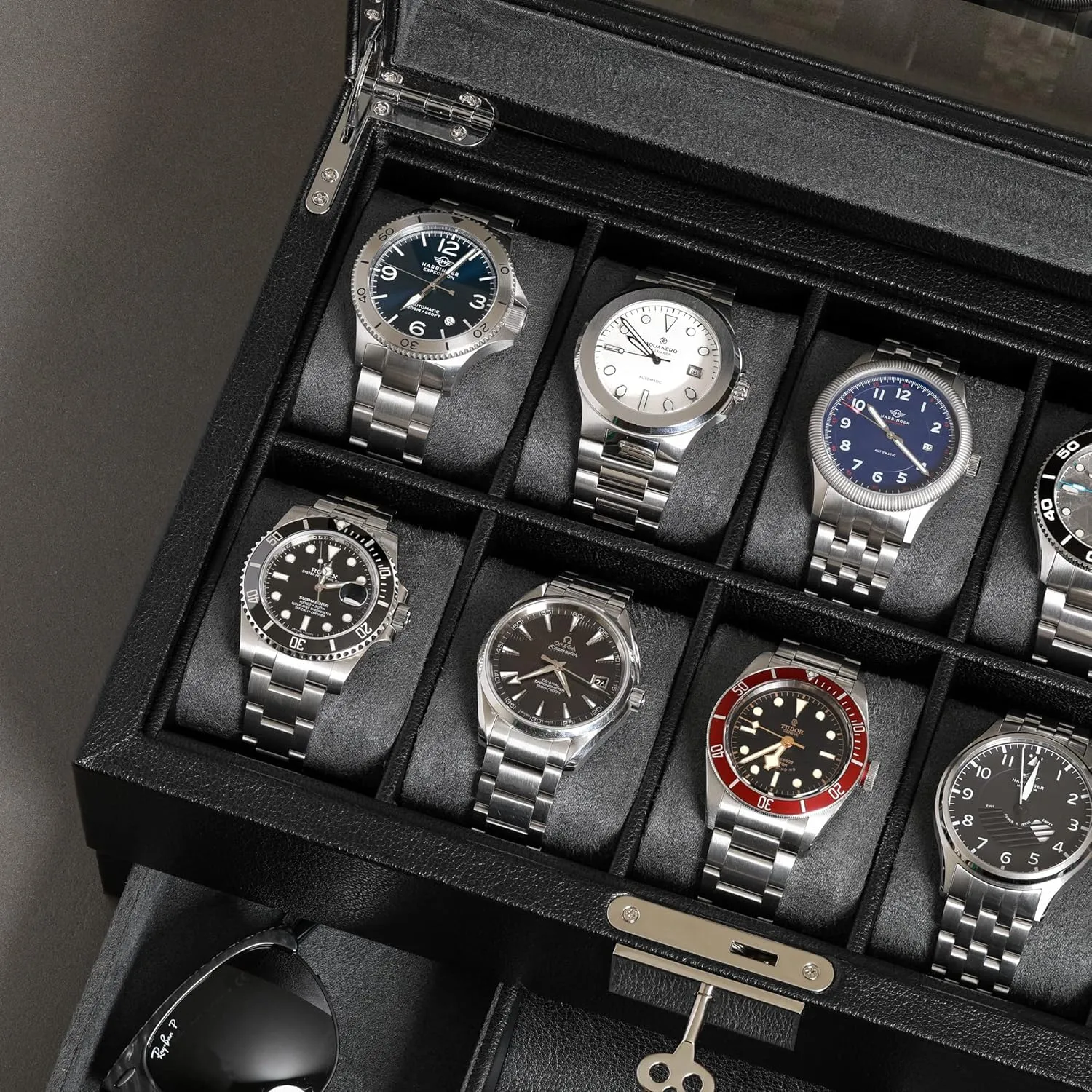 in Leather with cellulose typical sake elicit Valet Drawer, Luxury Watch Case Display Organizer with Ultra Soft Microsuede Liner, Jewelry and Sunglass Holder With Large Glass top (Black/Grey) ROTHWELL 10-Slot Watch Box 