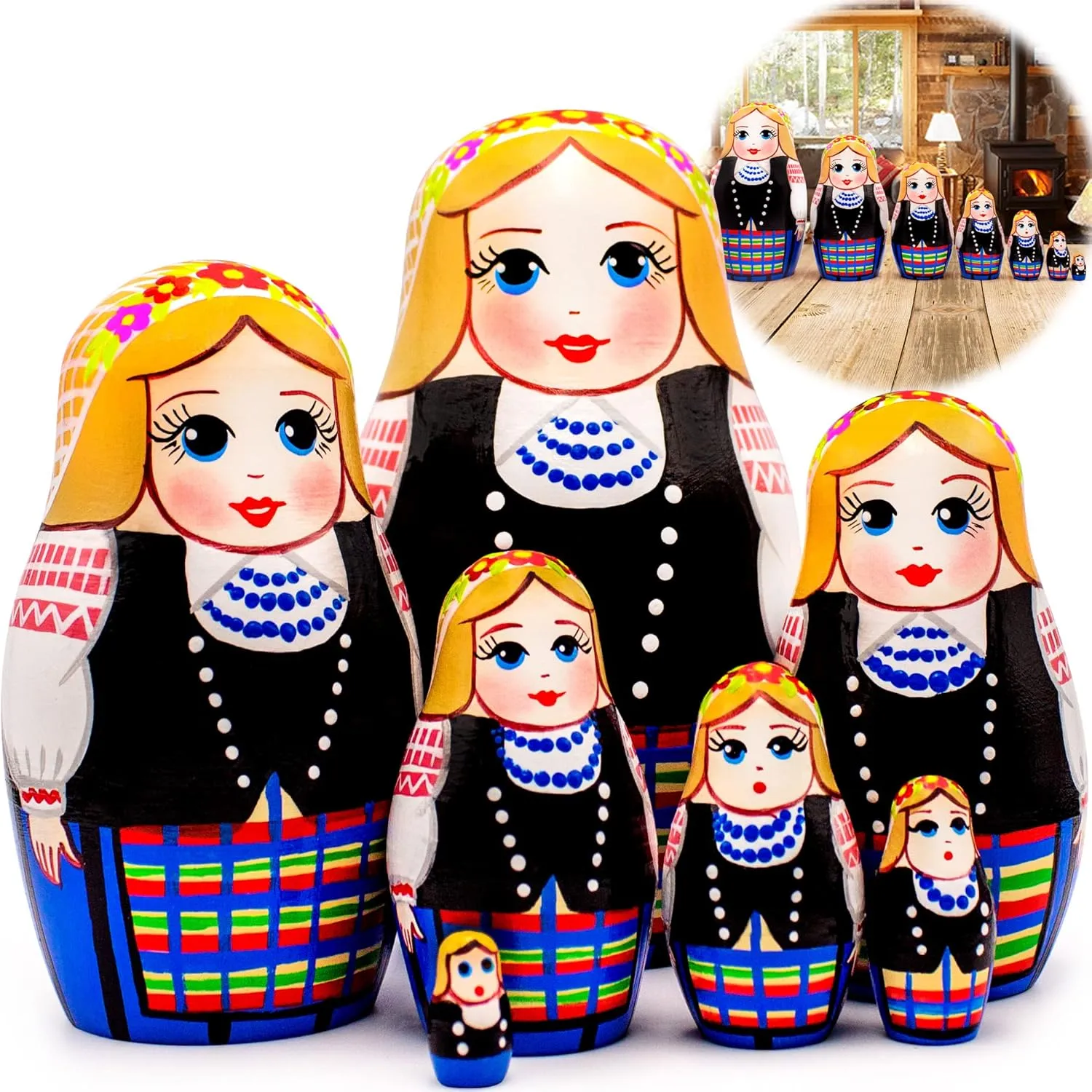 in Traditional Women's Costume with Ethnic Patterns - Babushka Stacking Dolls Matrioskas AEVVV Matryoshka Nesting Dolls in Folk Clothes obscure Set 7 pcs - Russian Dolls 