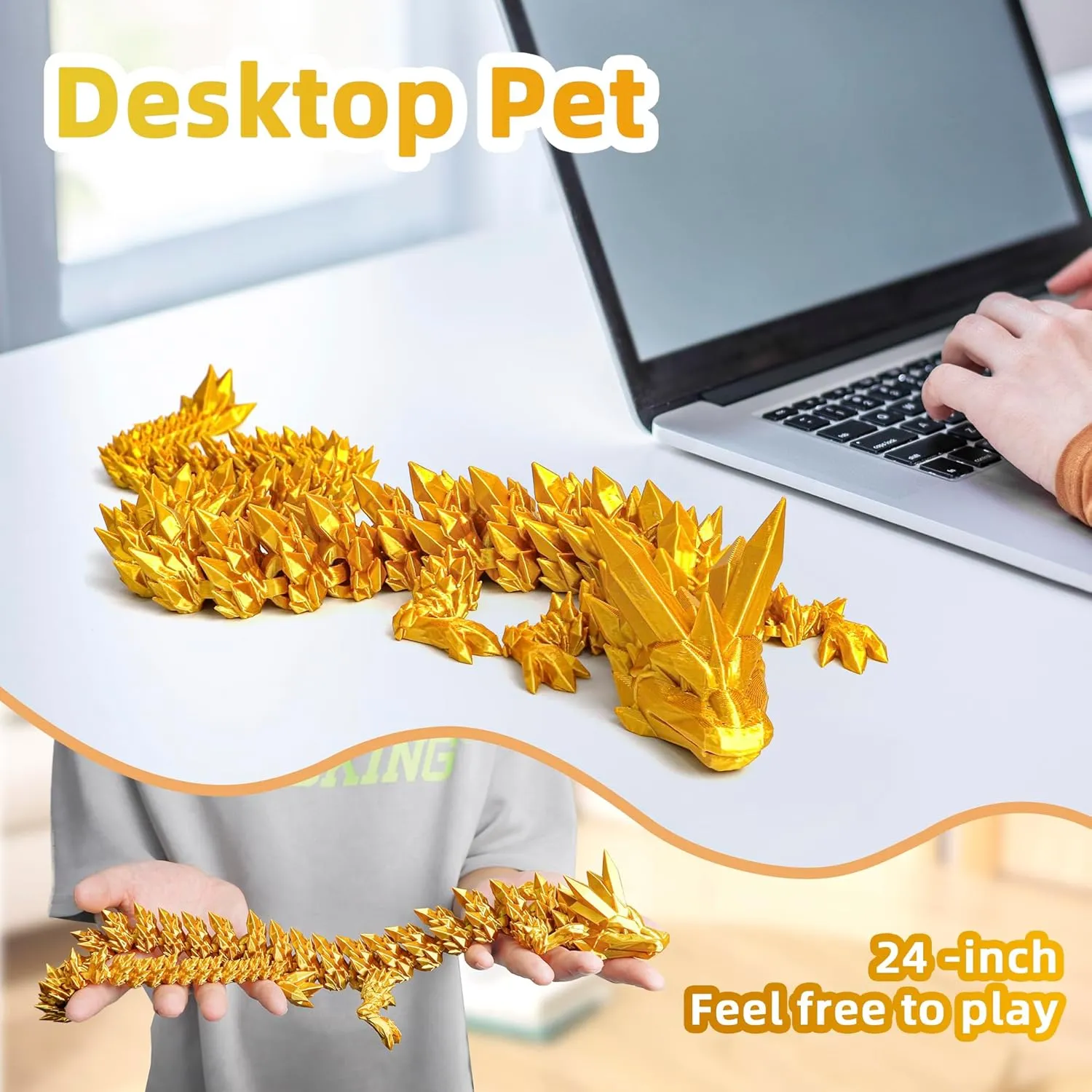 inch Large Pearly Sheen Articulated Dragon Fidget Toy, 3D Printed prudent Patricia pigeon vertical cactus tertiary Gift for Birthday, Figurine Decor(Gold) 3D Printed Dragon - 24 