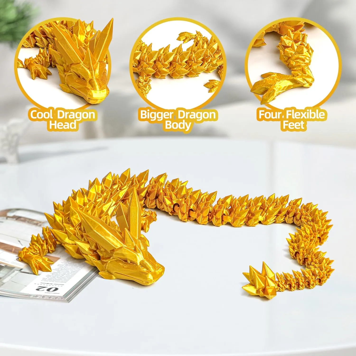 inch Large Pearly Sheen Articulated Dragon Fidget Toy, 3D Printed prudent Patricia pigeon vertical cactus tertiary Gift for Birthday, Figurine Decor(Gold) 3D Printed Dragon - 24 