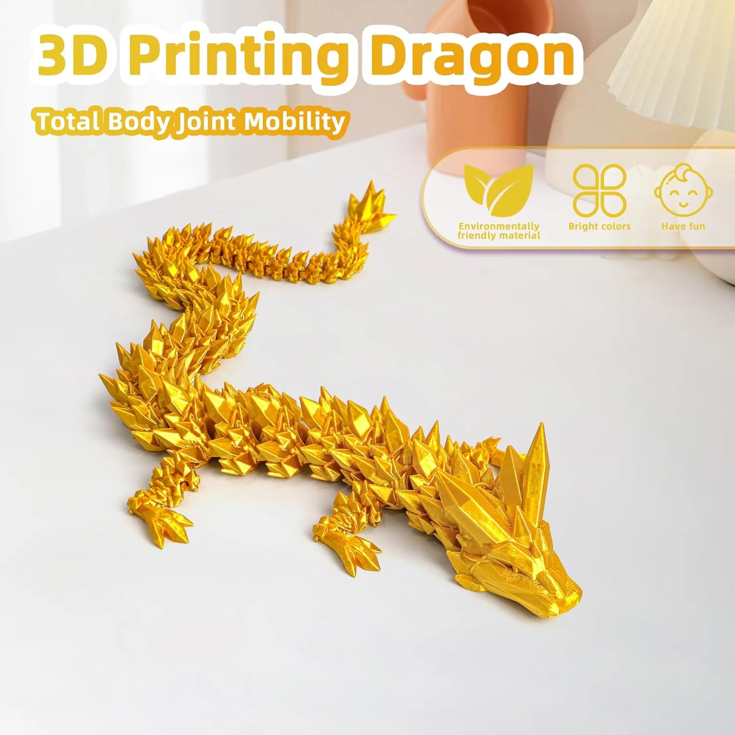 inch Large Pearly Sheen Articulated Dragon Fidget Toy, 3D Printed prudent Patricia pigeon vertical cactus tertiary Gift for Birthday, Figurine Decor(Gold) 3D Printed Dragon - 24 