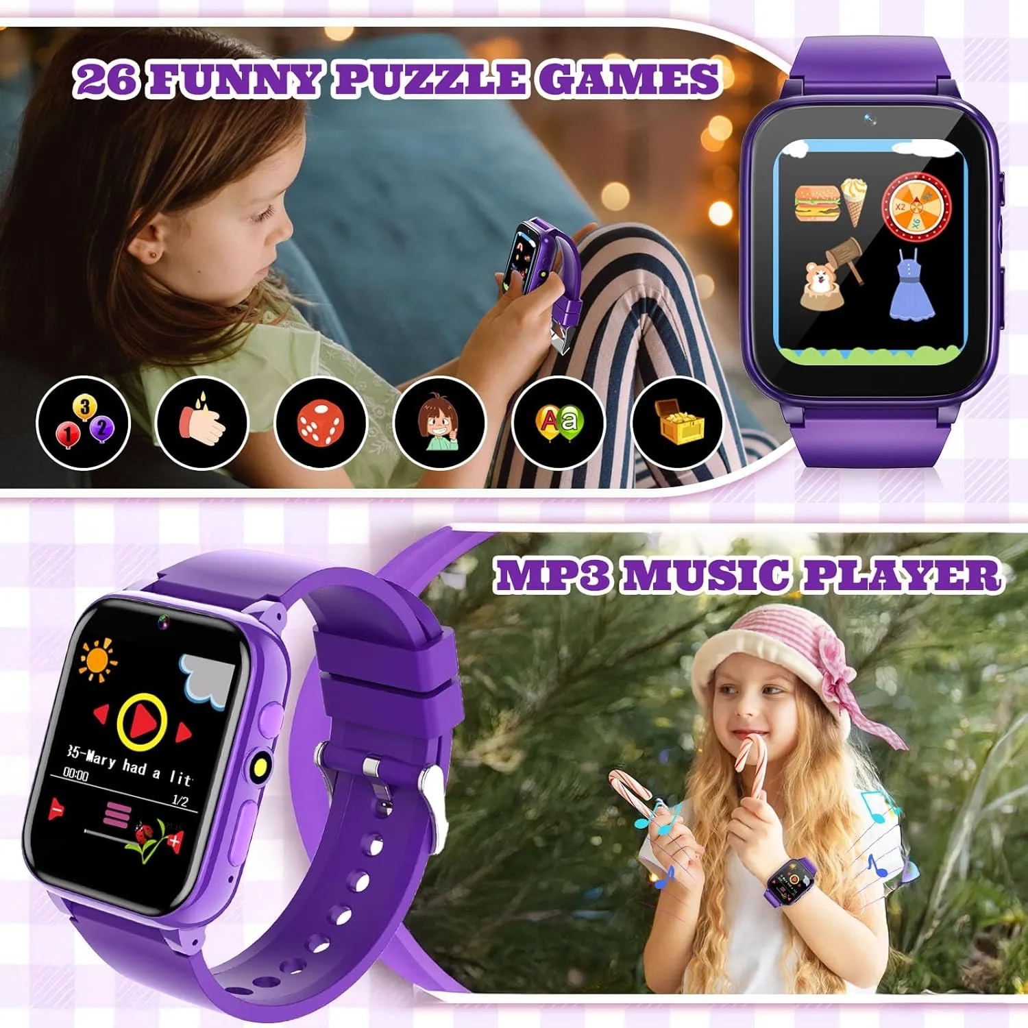 incipient Children Birthday (Purple) 1.69'' Kids Smart Watch$Boys Girls Smartwatch$ Pedomter 26 Puzzle Games Camera Video Music Player Flashlight Alarm Clock$4-12 Years 