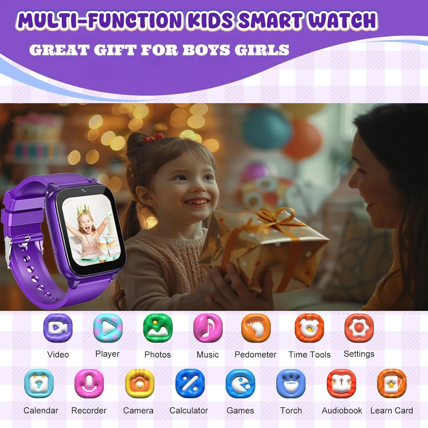 incipient Children Birthday (Purple) 1.69'' Kids Smart Watch$Boys Girls Smartwatch$ Pedomter 26 Puzzle Games Camera Video Music Player Flashlight Alarm Clock$4-12 Years 