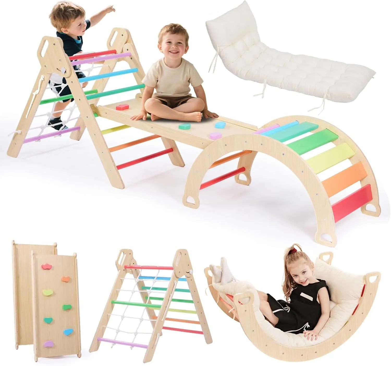 Indoor Jungle Gym with Ramp & Arch (Rainbow) 7-in-1 prehistoric pinon lease Pikler Triangle Climbing Set ?C Foldable Wooden Montessori Gym for Toddlers 1-6, 