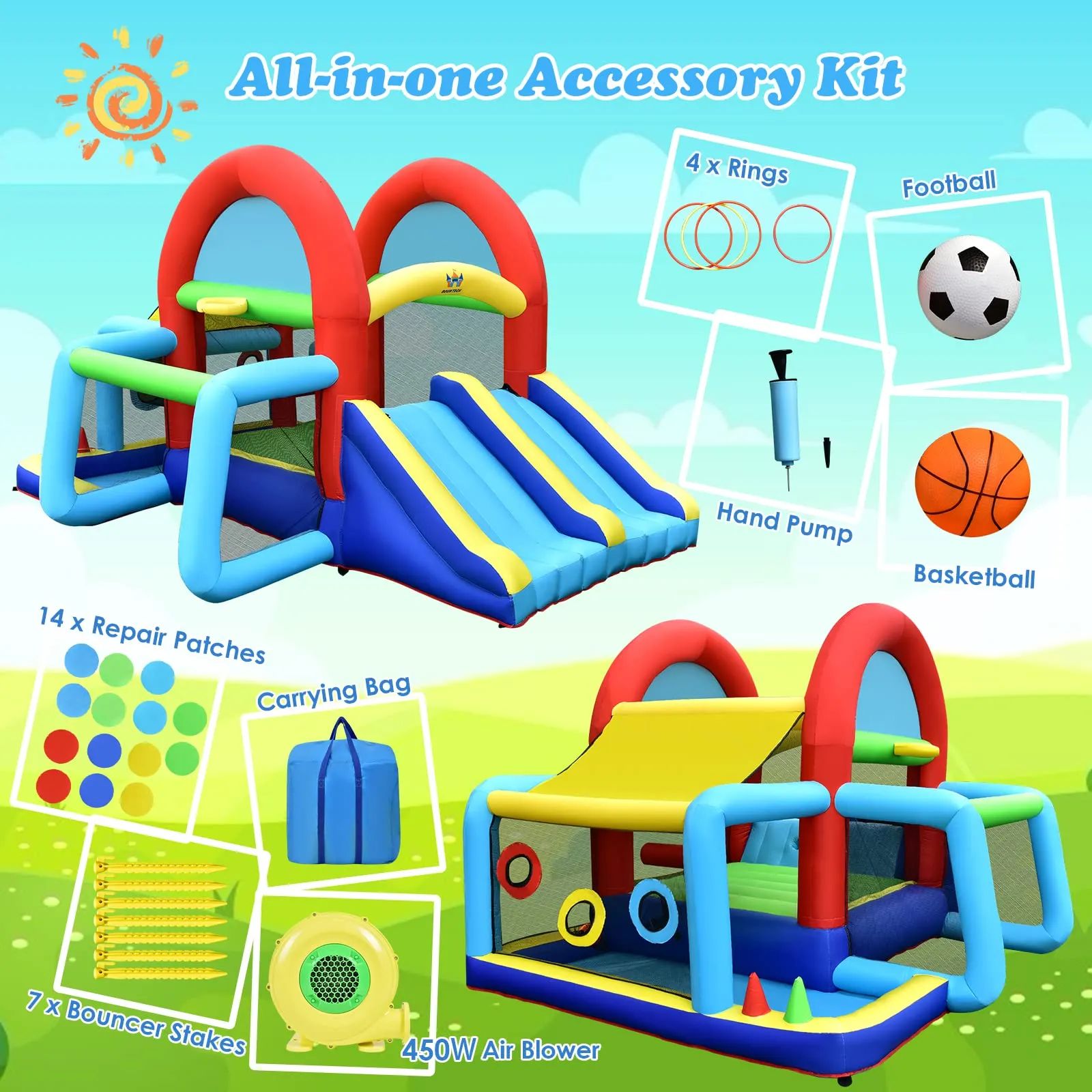 Inflatable Bounce House, 8 in 1 Kids Jumping Castle w/2 Slides, Jumping Area, Target Game & Ring-toss (with 450W Blower)