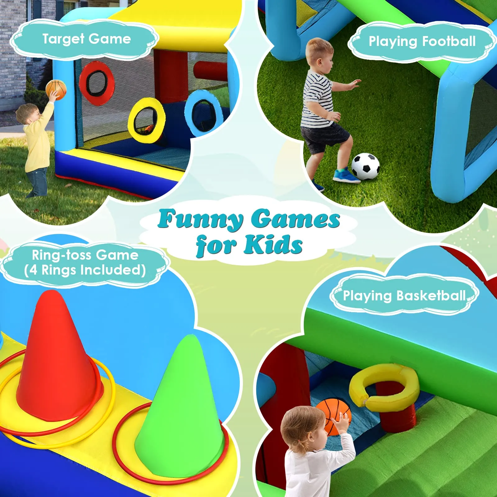 Inflatable Bounce House, 8 in 1 Kids Jumping Castle w/2 Slides, Jumping Area, Target Game & Ring-toss (with 450W Blower)