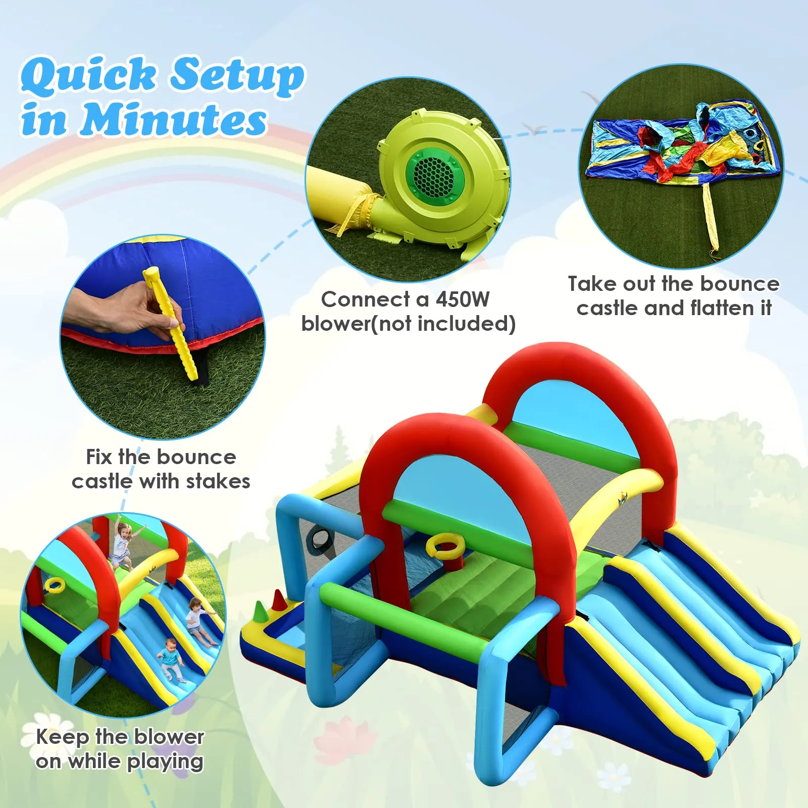 Inflatable Bounce House, 8 in 1 Kids Jumping Castle w/2 Slides, Jumping Area, Target Game & Ring-toss (with 450W Blower)