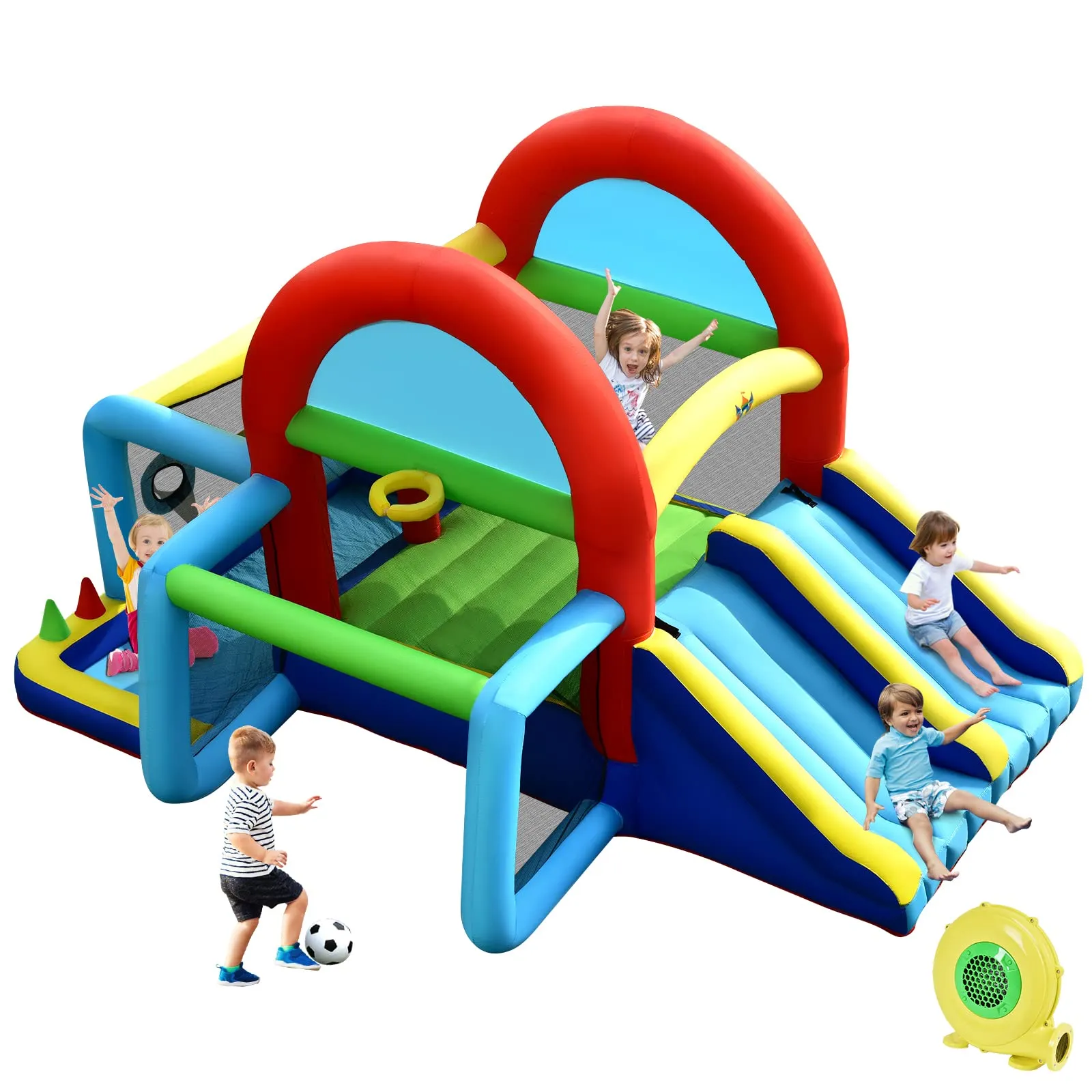 Inflatable Bounce House, 8 in 1 Kids Jumping Castle w/2 Slides, Jumping Area, Target Game & Ring-toss (with 450W Blower)