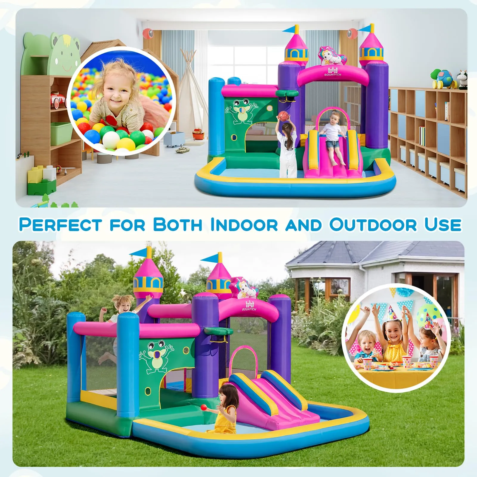 Inflatable Bounce House, Colorful Kids Jumping Castle with Slide, Ball Pit Pools, Jumping, Basketball Hoop