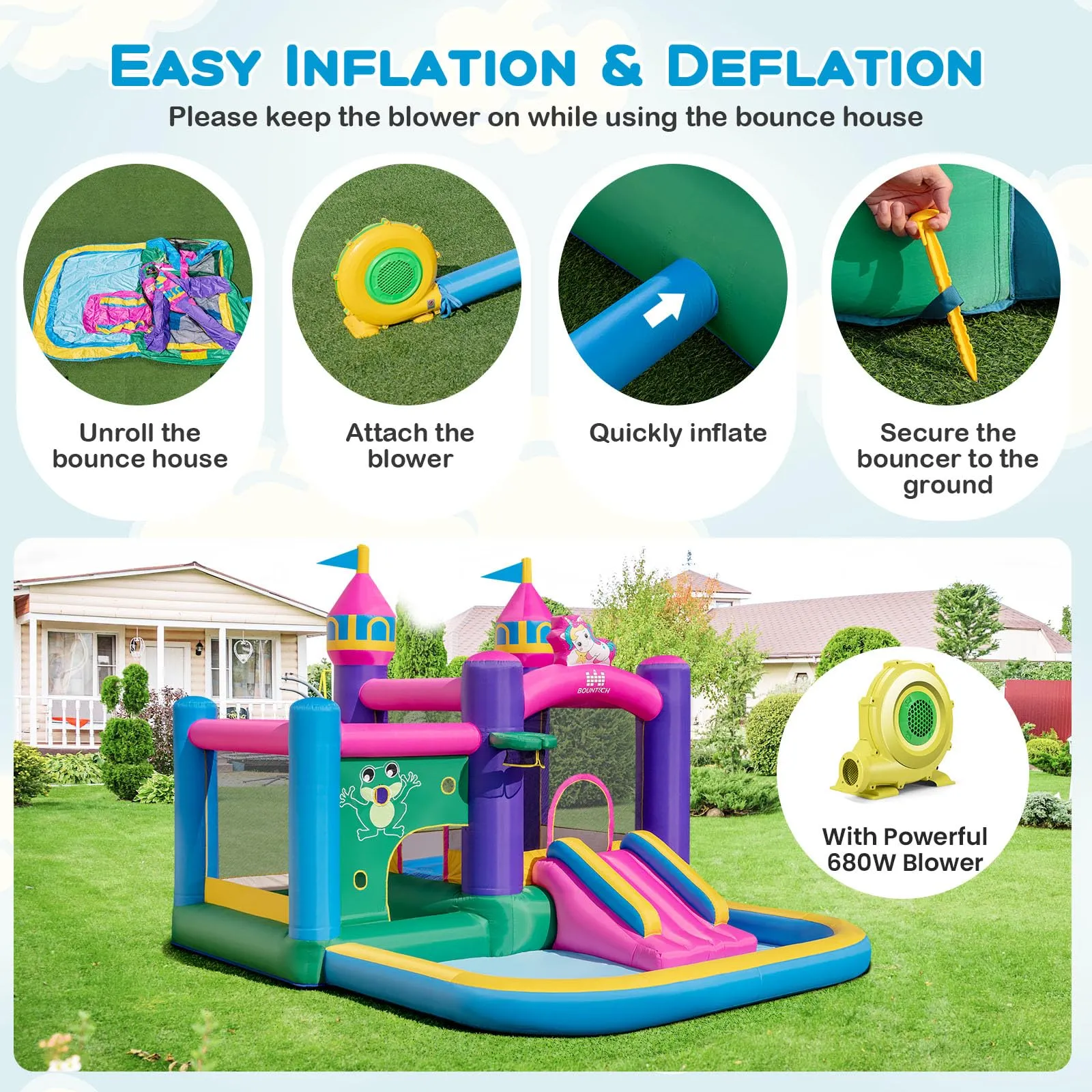 Inflatable Bounce House, Colorful Kids Jumping Castle with Slide, Ball Pit Pools, Jumping, Basketball Hoop