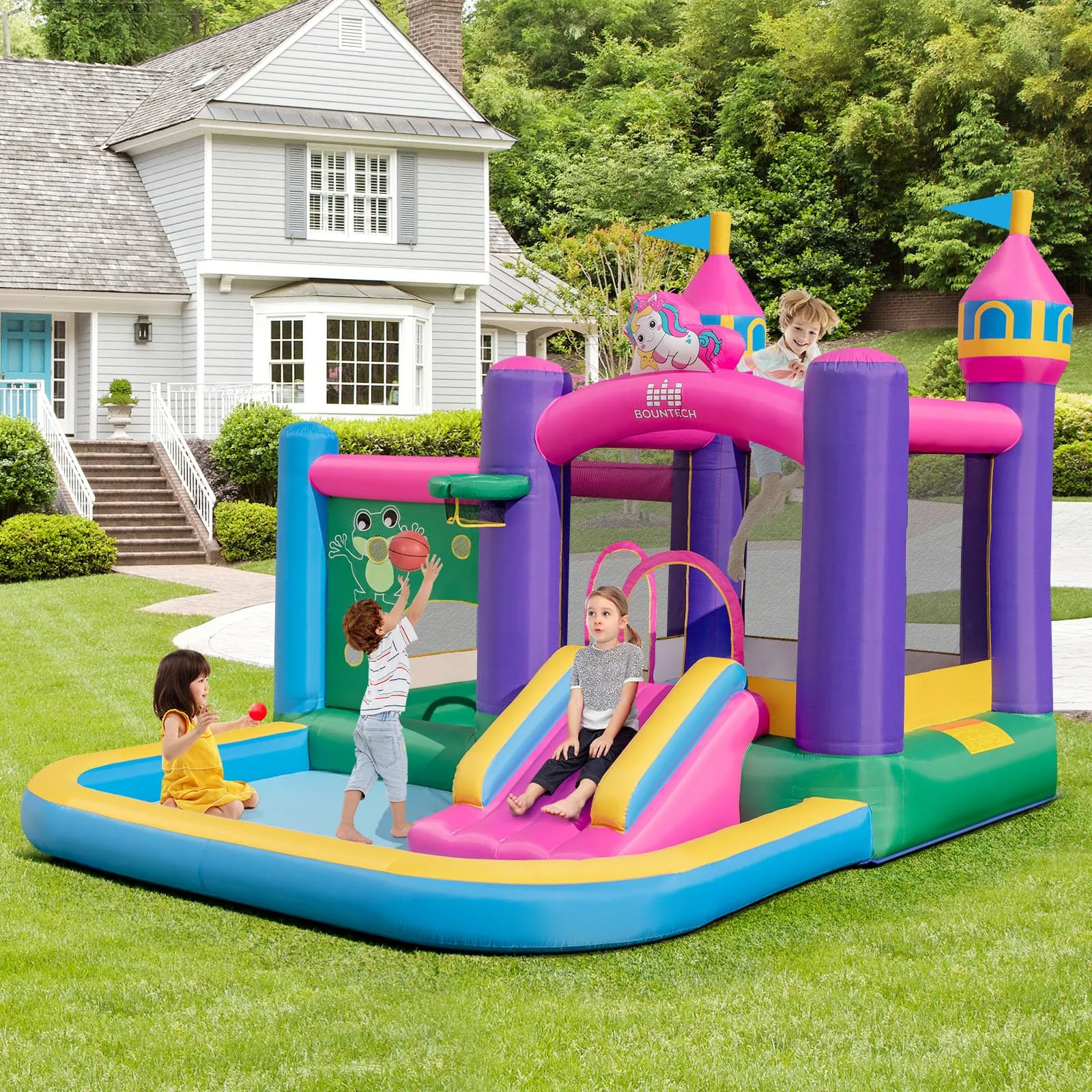Inflatable Bounce House, Colorful Kids Jumping Castle with Slide, Ball Pit Pools, Jumping, Basketball Hoop