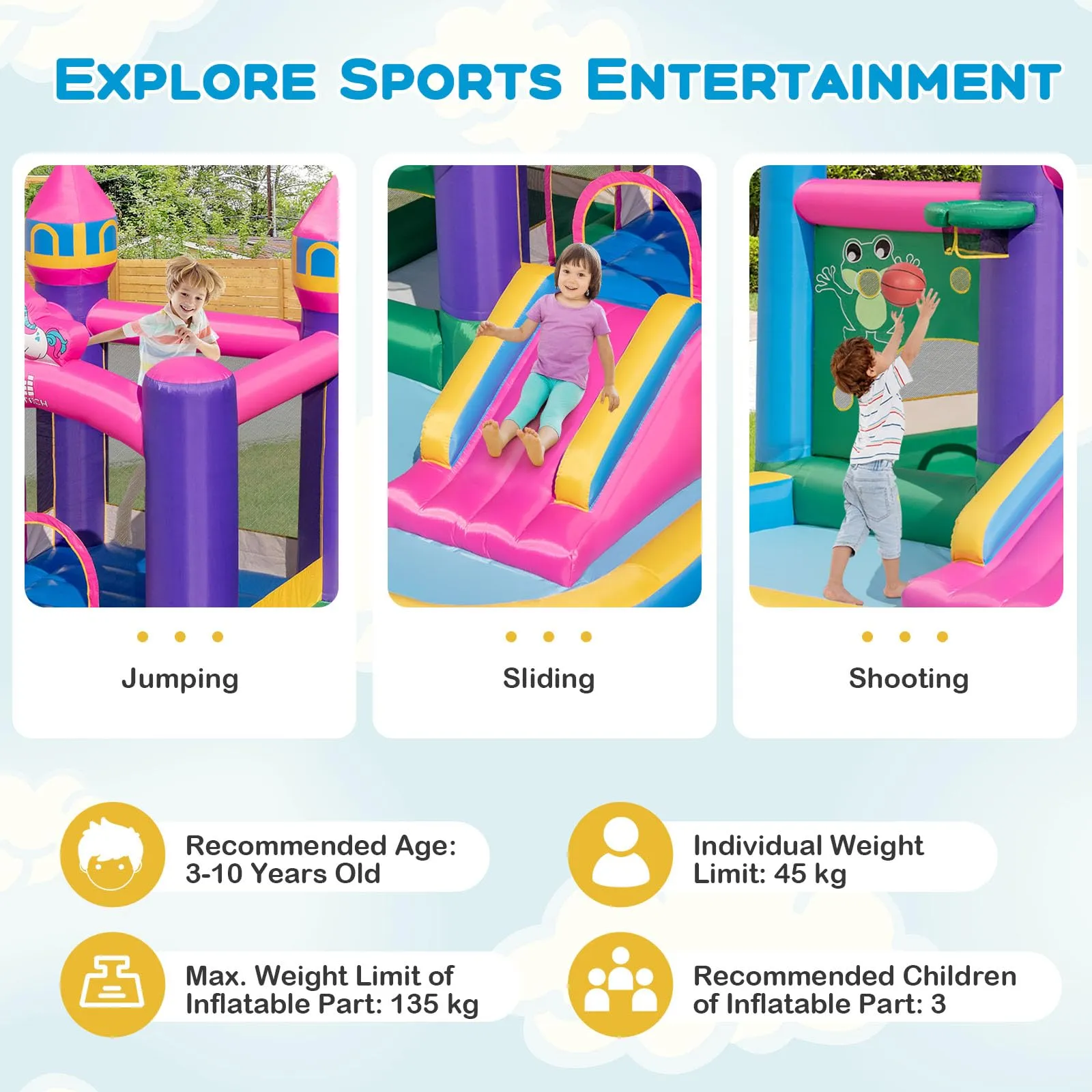 Inflatable Bounce House, Colorful Kids Jumping Castle with Slide, Ball Pit Pools, Jumping, Basketball Hoop