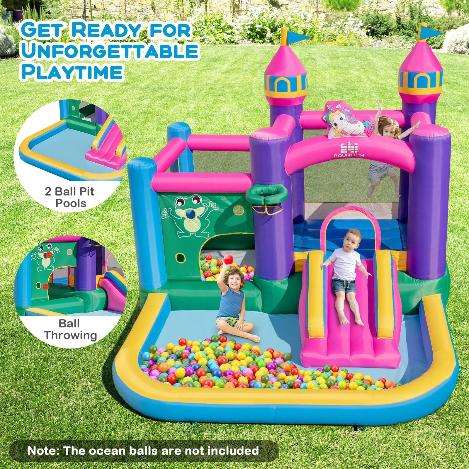 Inflatable Bounce House, Colorful Kids Jumping Castle with Slide, Ball Pit Pools, Jumping, Basketball Hoop