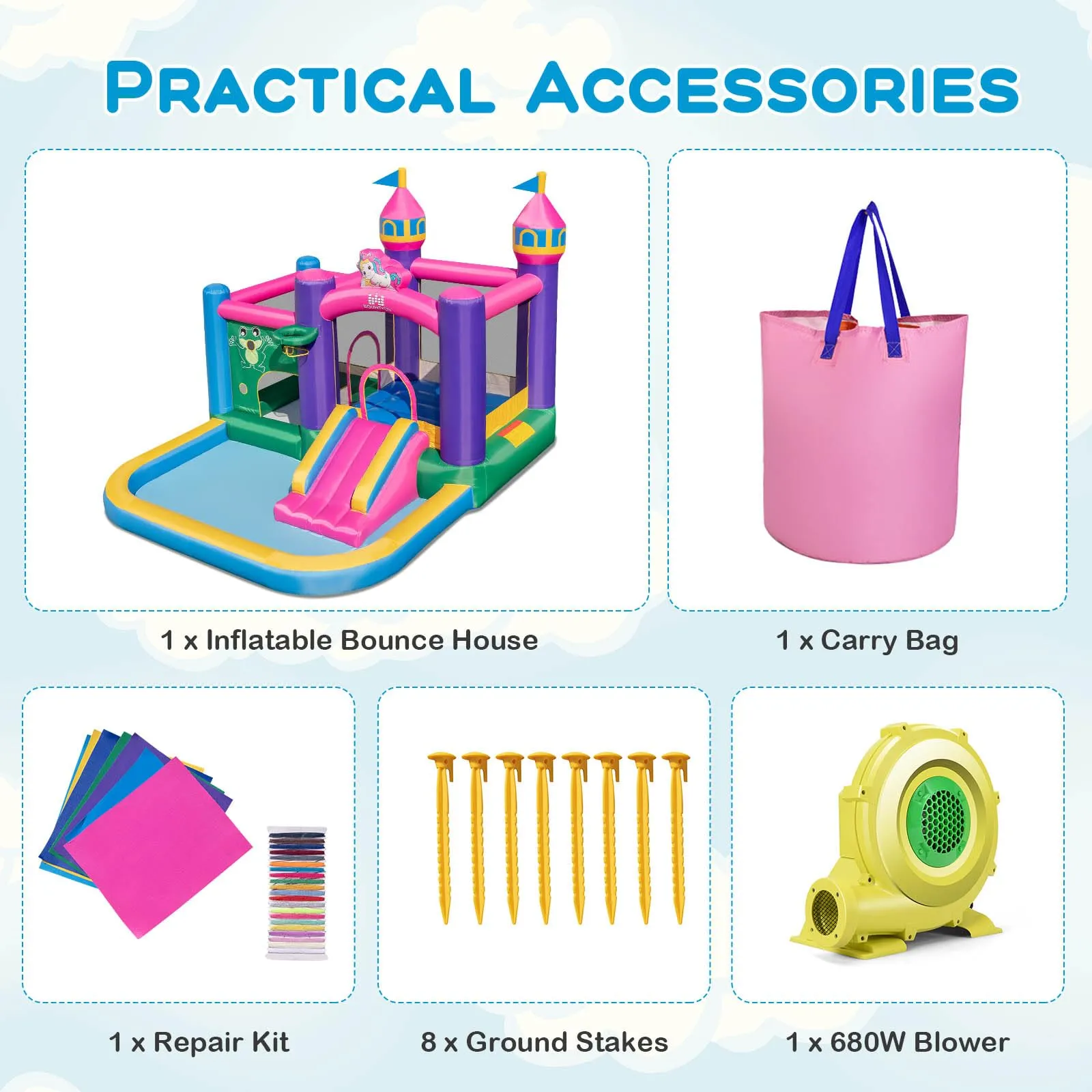 Inflatable Bounce House, Colorful Kids Jumping Castle with Slide, Ball Pit Pools, Jumping, Basketball Hoop