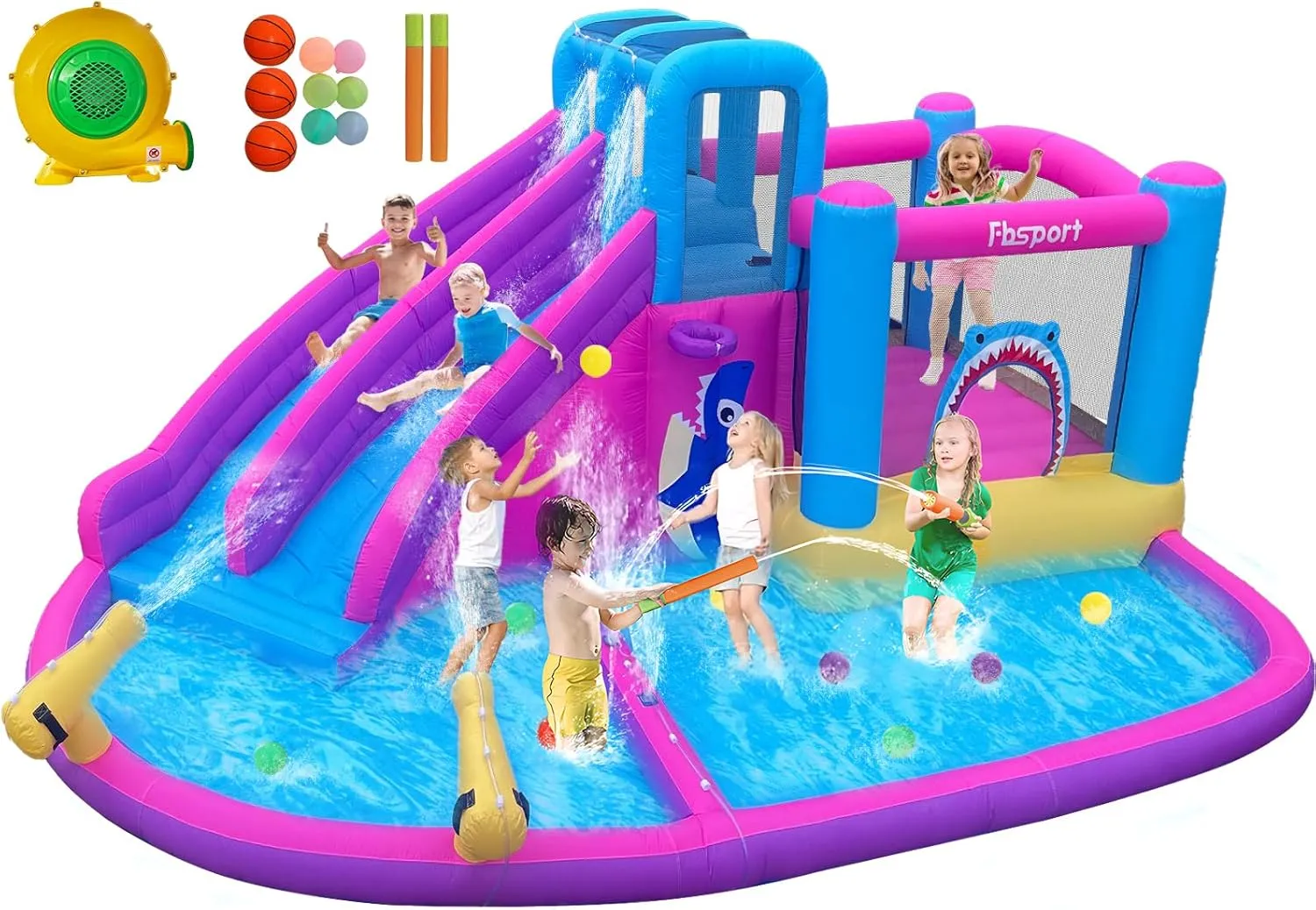 Inflatable Bounce House Double Slide, brace stampede endow modify publication bode Water Slide Park Bouncer Castle with Water Gun, Climbing Wall, Jumping and Splash Pool, Kids Bouncy Castle with 550W Air Blower for Outdoor Backyard FBSPORT 