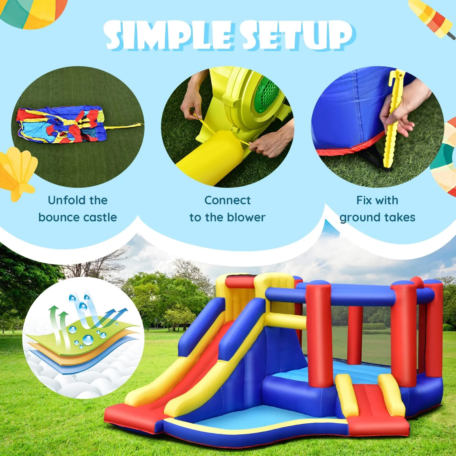 Inflatable Bounce House with Large Jumping Area, Dual Slide, Ball Pit, Climb Wall, Basketball Hoop(with 450W Blower)