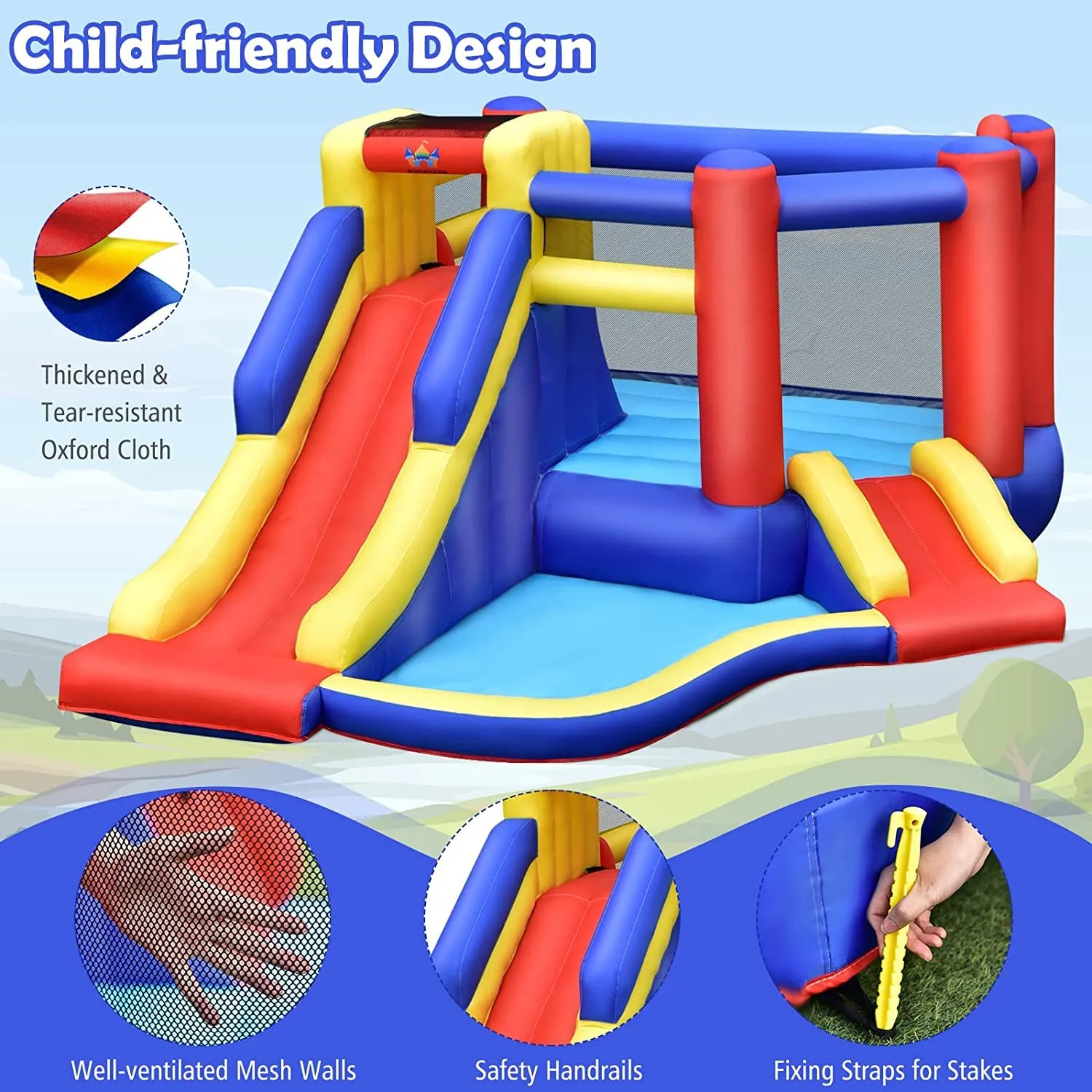 Inflatable Bounce House with Large Jumping Area, Dual Slide, Ball Pit, Climb Wall, Basketball Hoop(with 450W Blower)