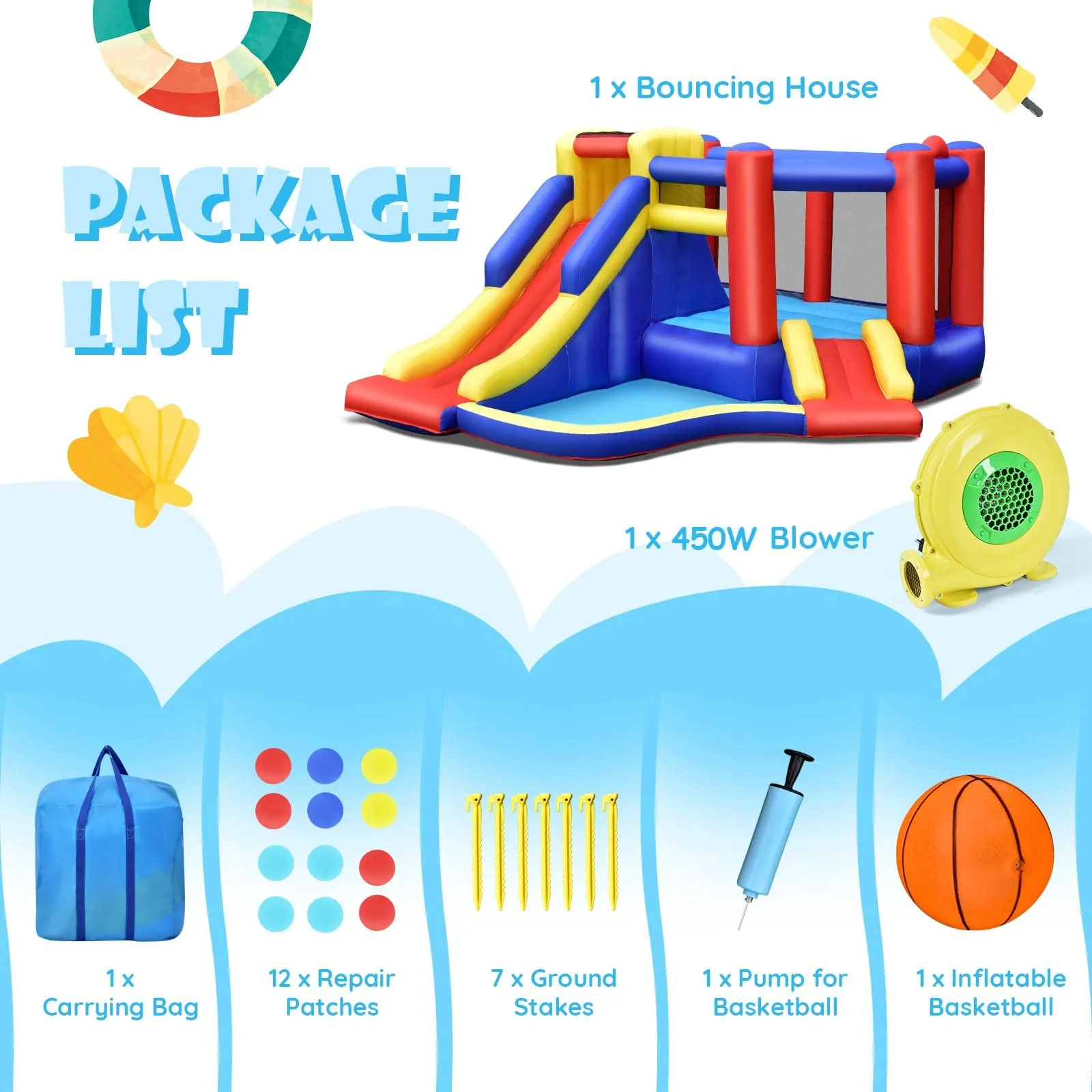 Inflatable Bounce House with Large Jumping Area, Dual Slide, Ball Pit, Climb Wall, Basketball Hoop(with 450W Blower)