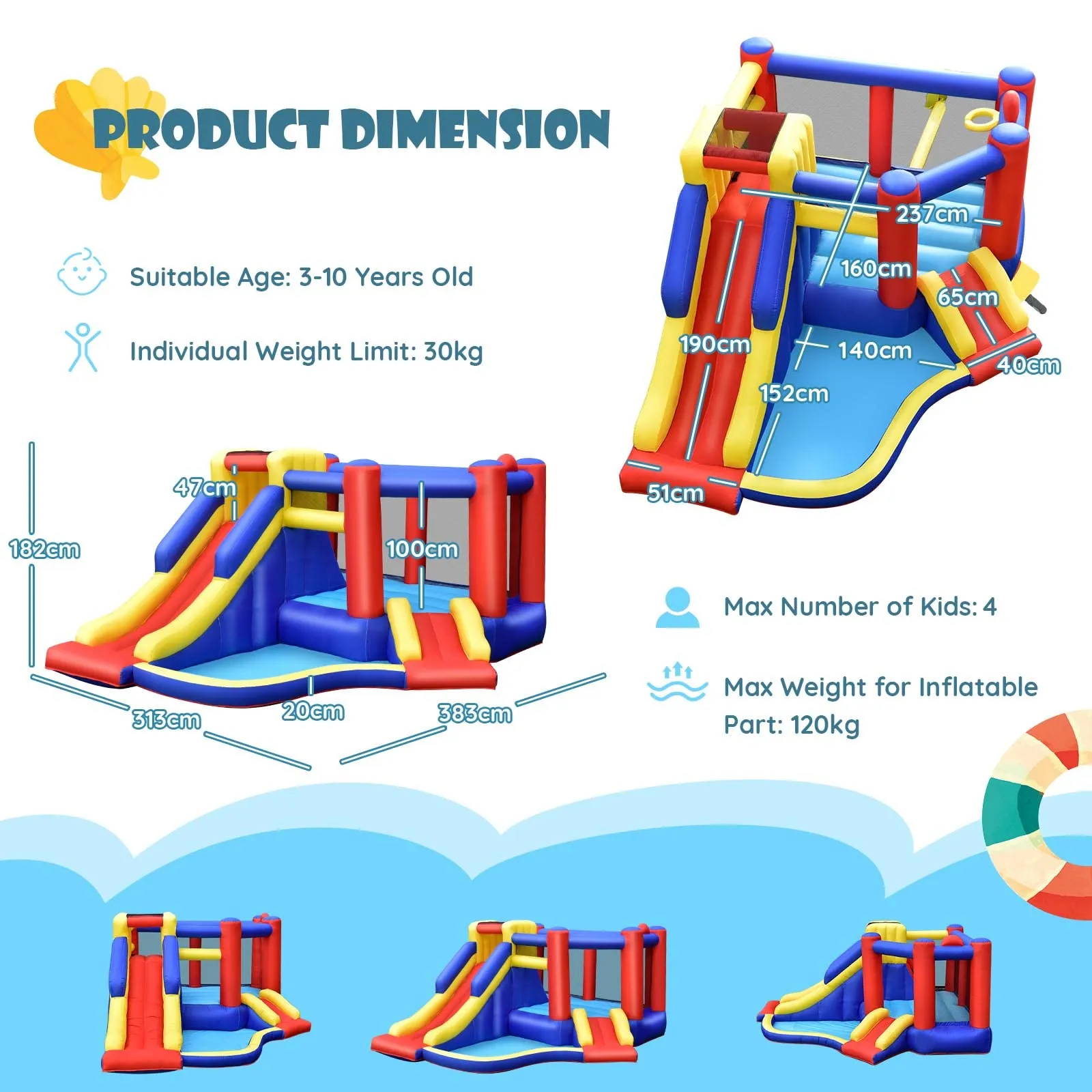 Inflatable Bounce House with Large Jumping Area, Dual Slide, Ball Pit, Climb Wall, Basketball Hoop(with 450W Blower)