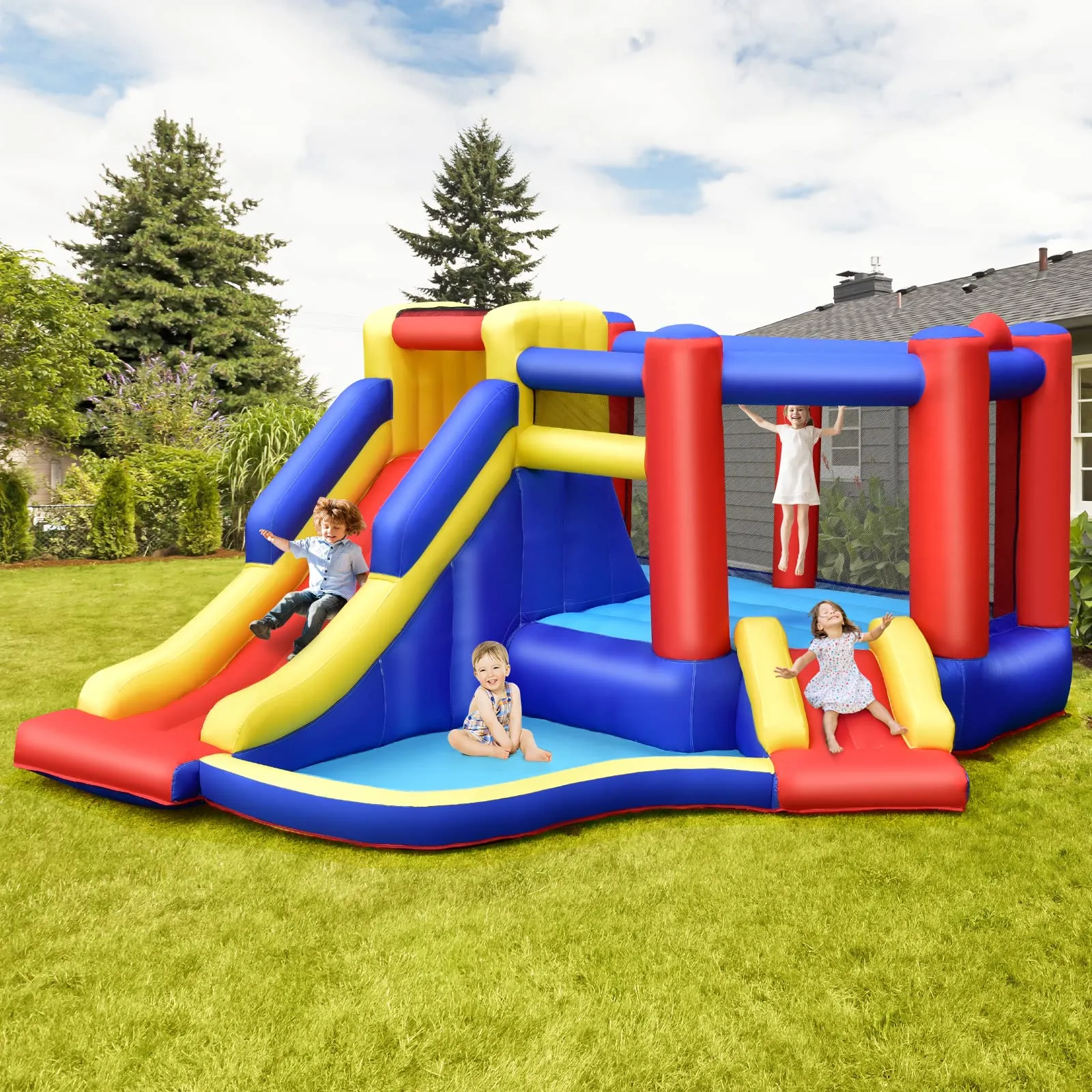 Inflatable Bounce House with Large Jumping Area, Dual Slide, Ball Pit, Climb Wall, Basketball Hoop(with 450W Blower)