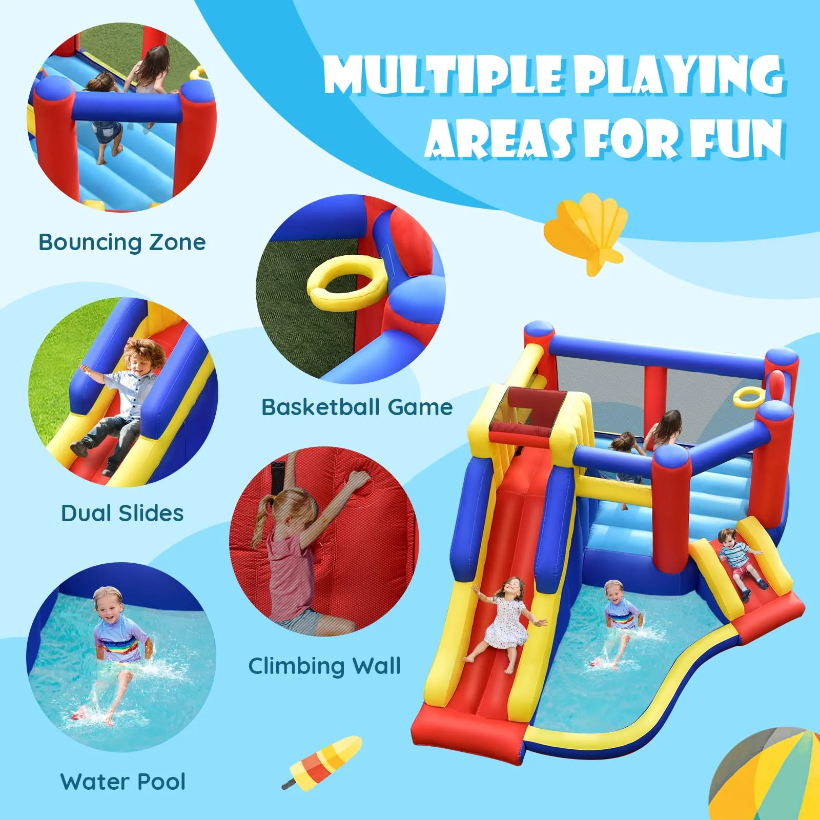 Inflatable Bounce House with Large Jumping Area, Dual Slide, Ball Pit, Climb Wall, Basketball Hoop(with 450W Blower)