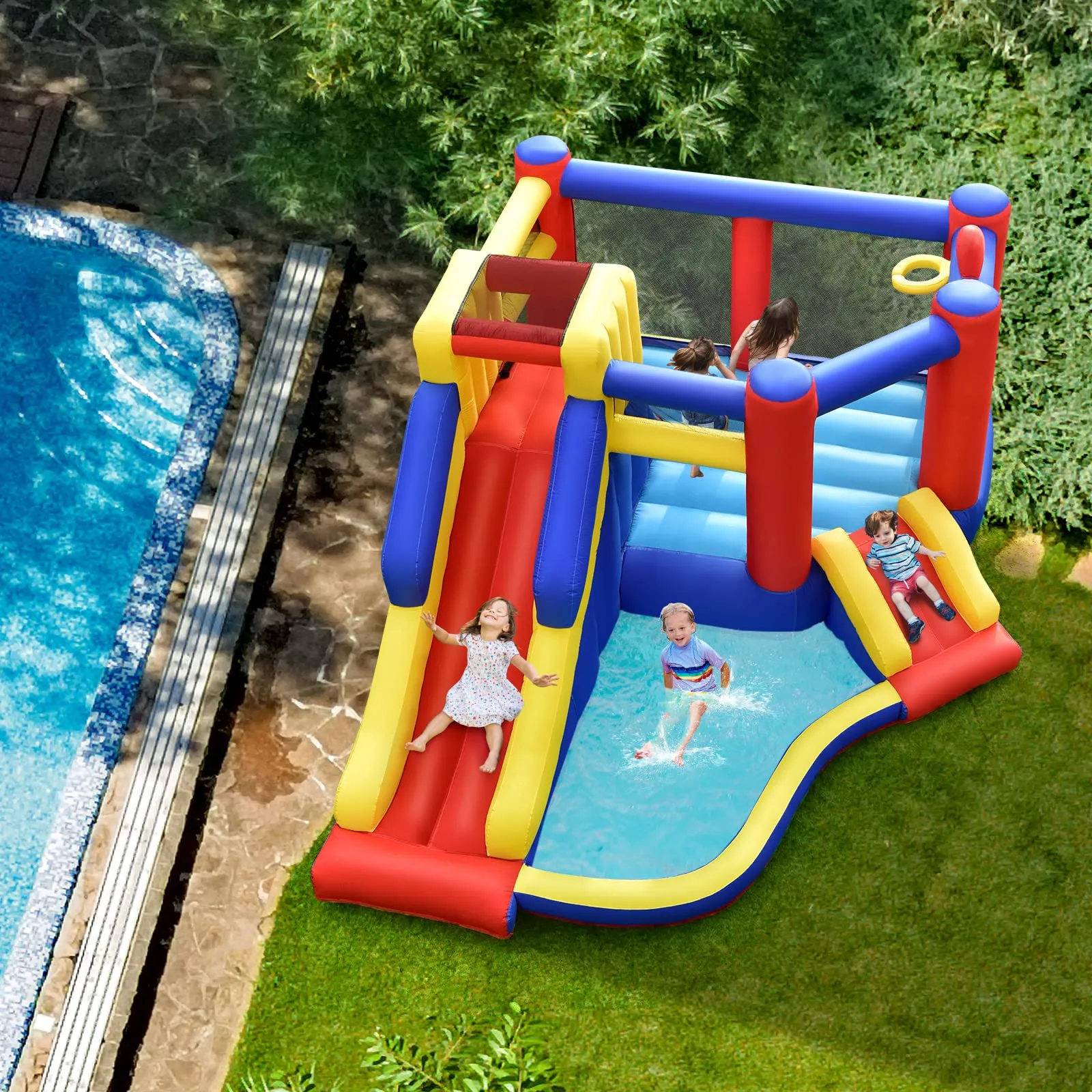 Inflatable Bounce House with Large Jumping Area, Dual Slide, Ball Pit, Climb Wall, Basketball Hoop(with 450W Blower)