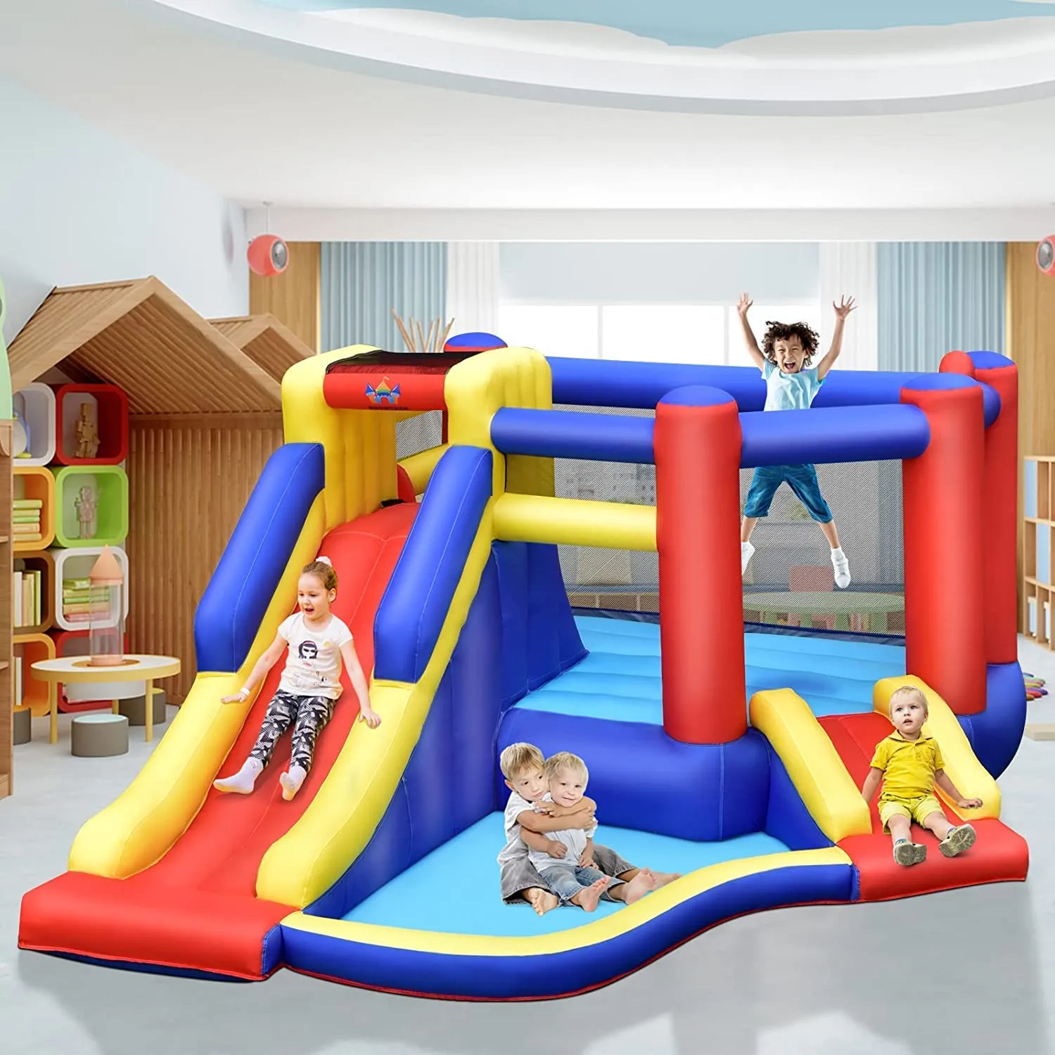Inflatable Bounce House with Large Jumping Area, Dual Slide, Ball Pit, Climb Wall, Basketball Hoop(with 450W Blower)