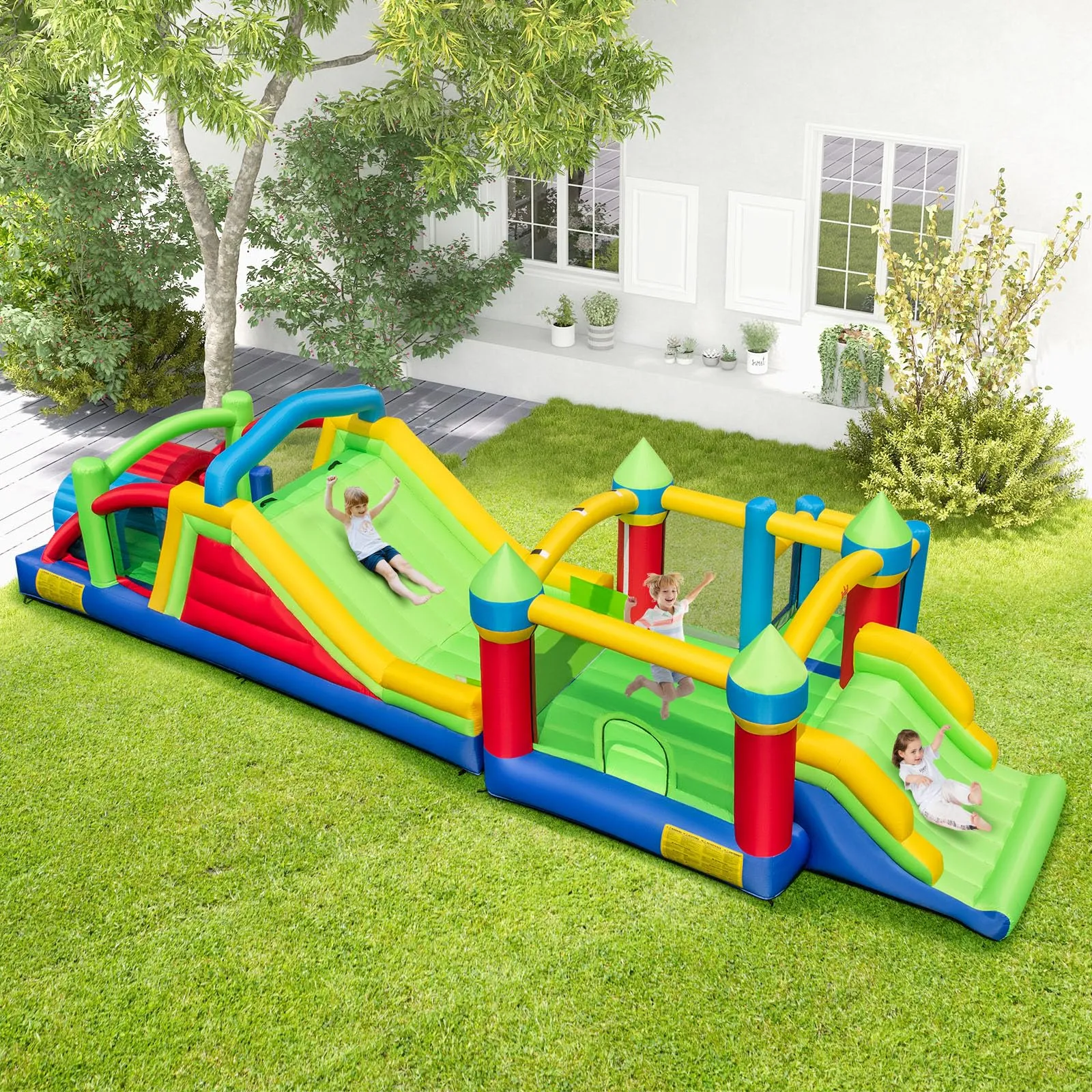 Inflatable Obstacle Course Bounce House, Kids Sectional Blow up Castle with Dual Slides(Without Blower)