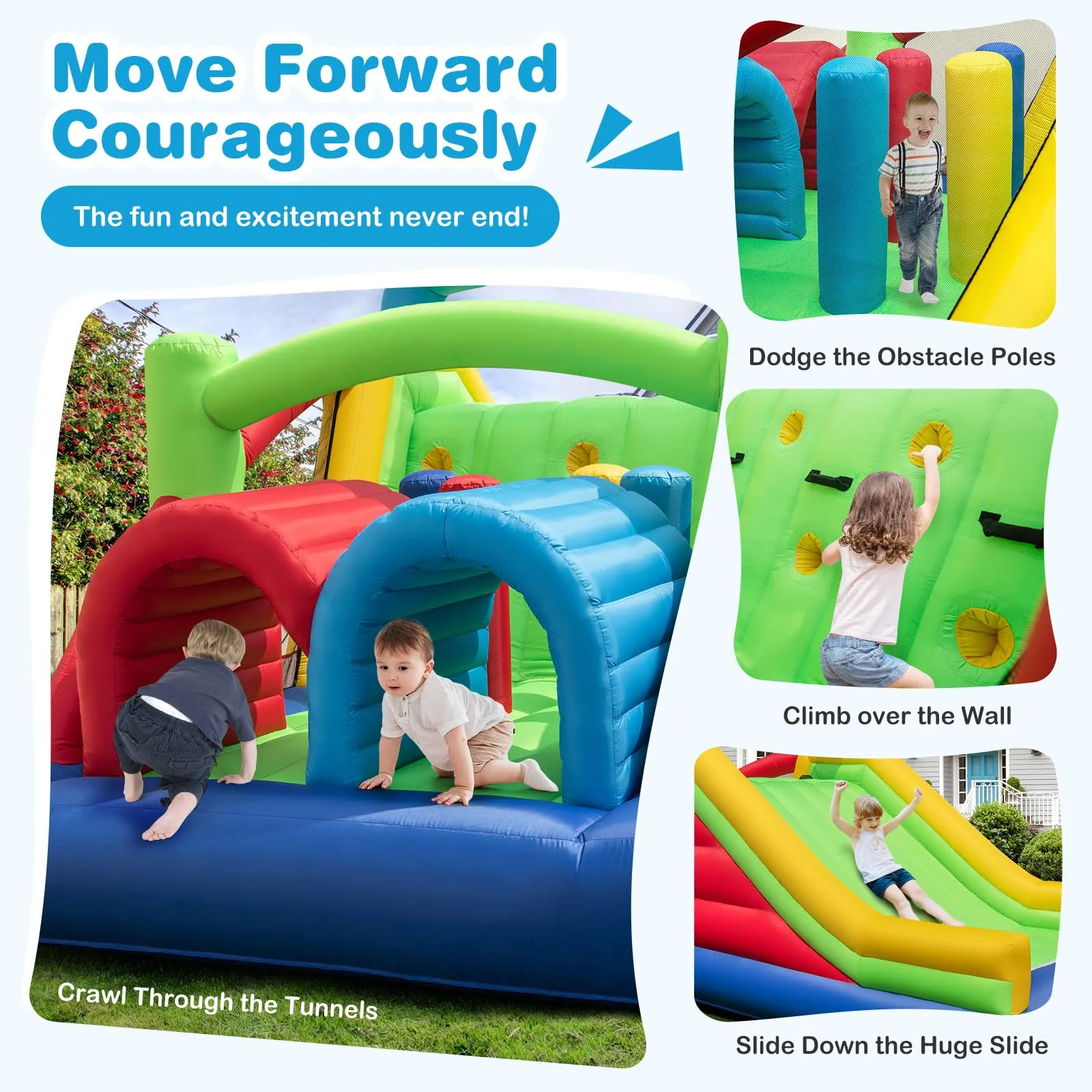 Inflatable Obstacle Course Bounce House, Kids Sectional Blow up Castle with Dual Slides(Without Blower)