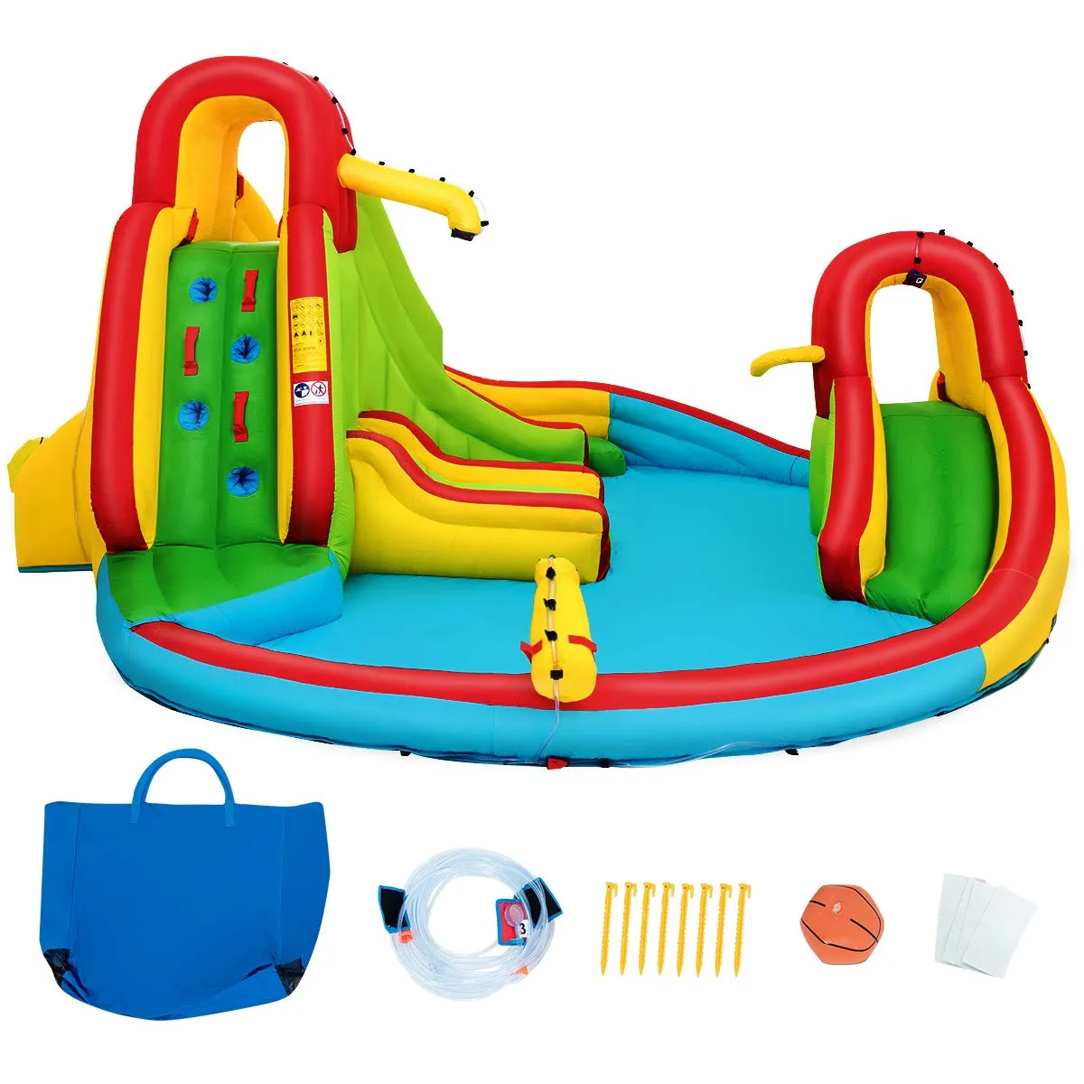 Inflatable Water Park Jumping Castle, Kids Jumping Bounce House w/ Large Splash Pool, Slides, Water Canon, Water Spray（No Blower）