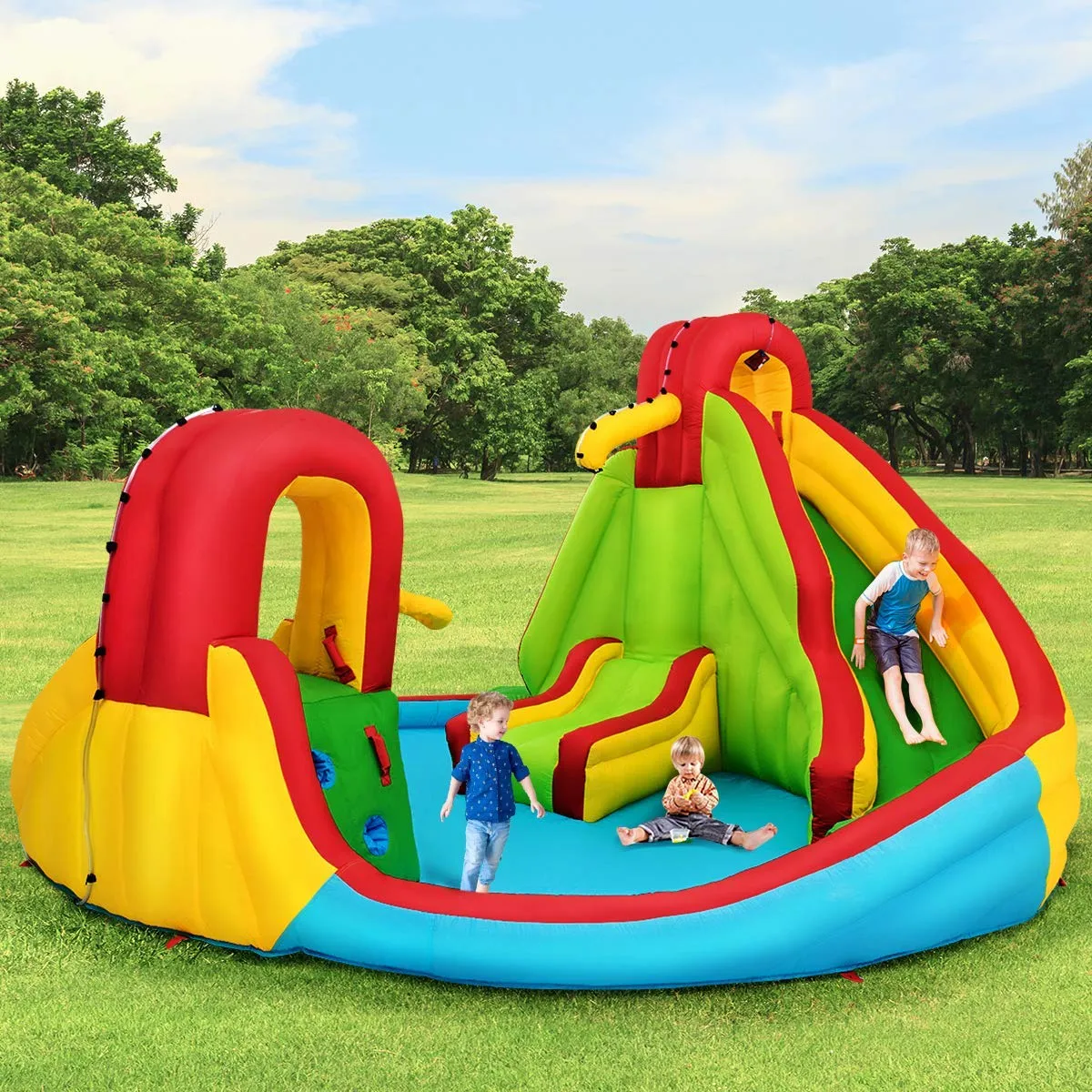 Inflatable Water Park Jumping Castle, Kids Jumping Bounce House w/ Large Splash Pool, Slides, Water Canon, Water Spray（No Blower）