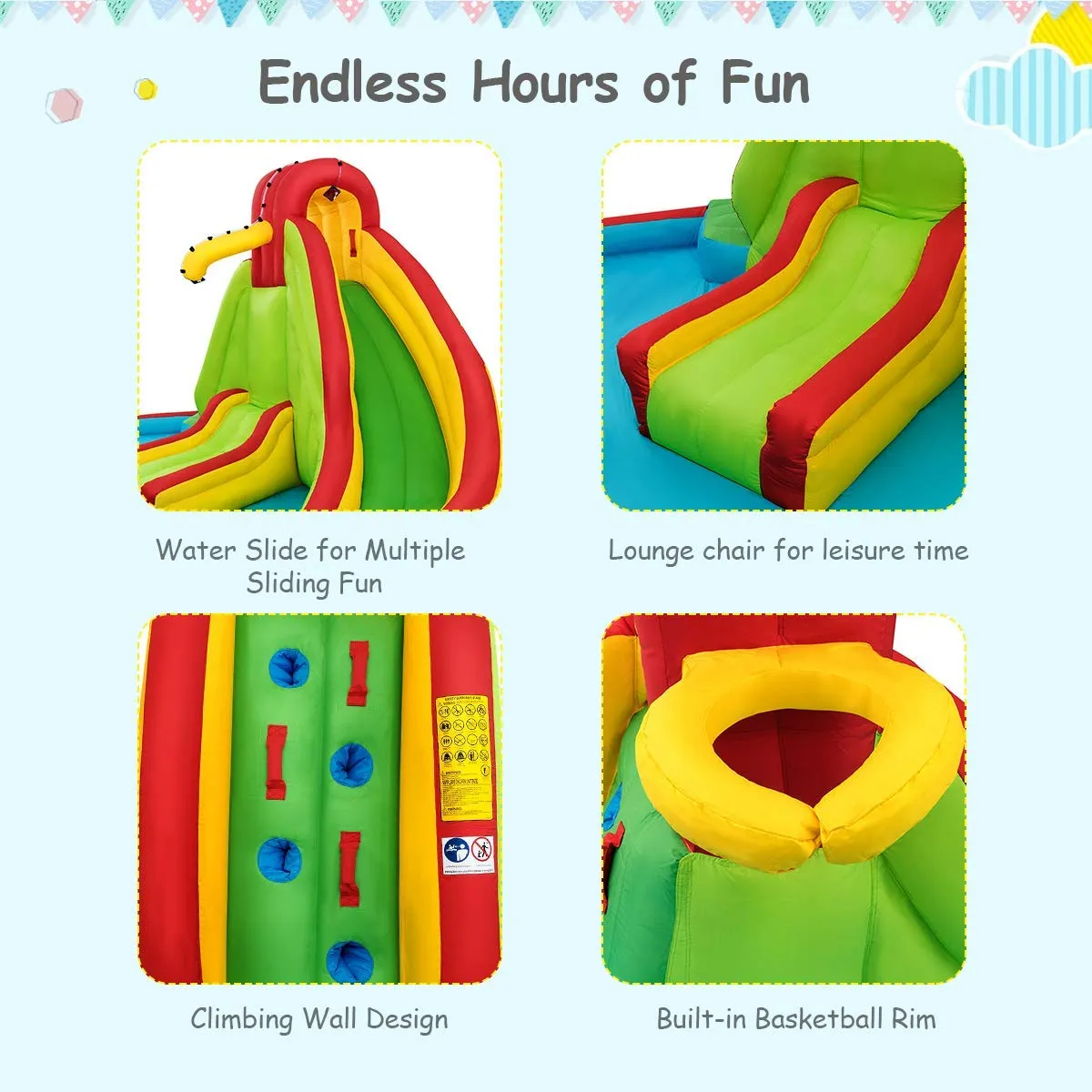 Inflatable Water Park Jumping Castle, Kids Jumping Bounce House w/ Large Splash Pool, Slides, Water Canon, Water Spray（No Blower）