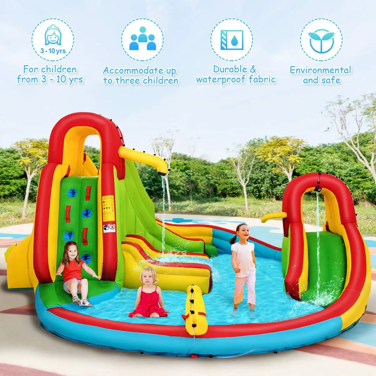 Inflatable Water Park Jumping Castle, Kids Jumping Bounce House w/ Large Splash Pool, Slides, Water Canon, Water Spray（No Blower）