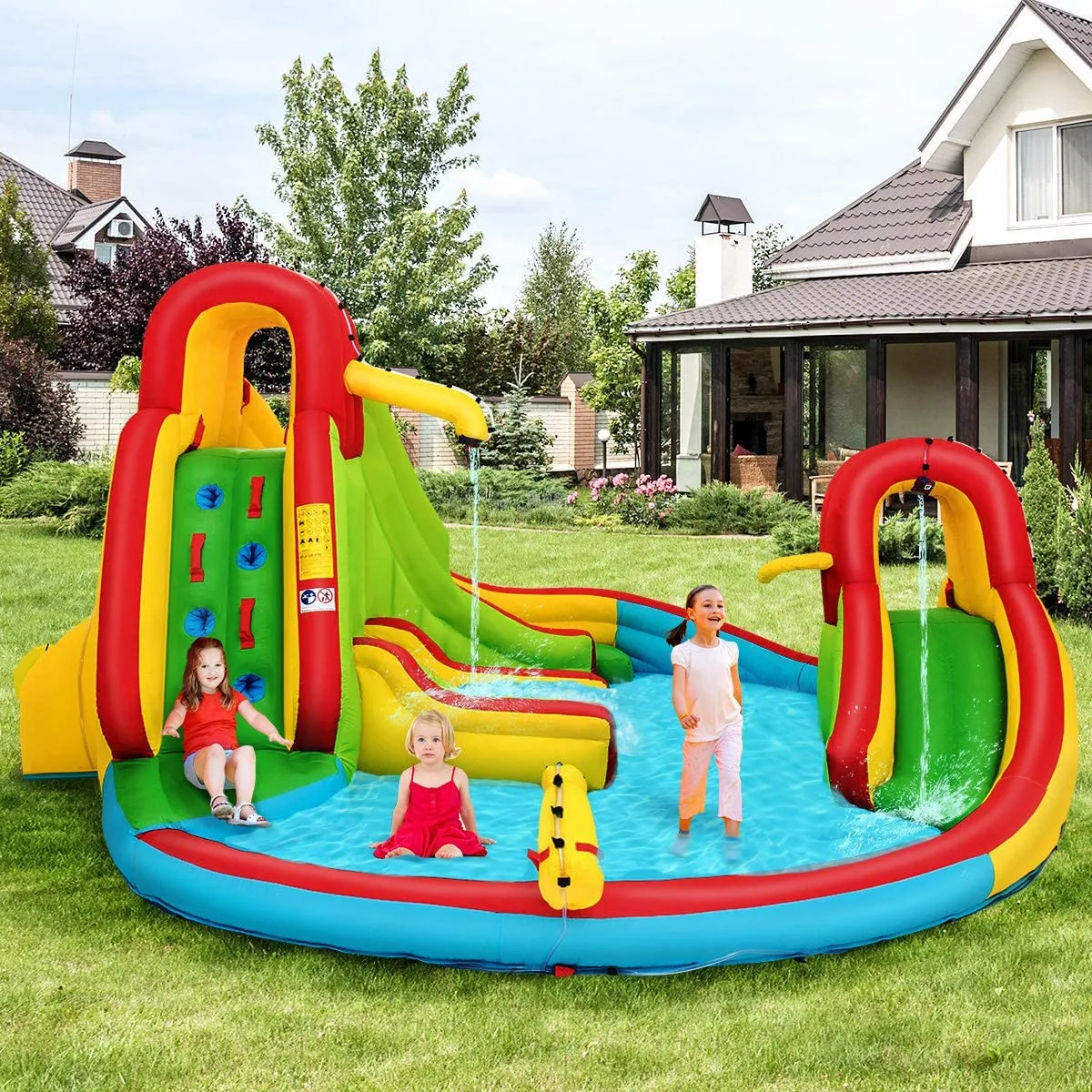 Inflatable Water Park Jumping Castle, Kids Jumping Bounce House w/ Large Splash Pool, Slides, Water Canon, Water Spray（No Blower）