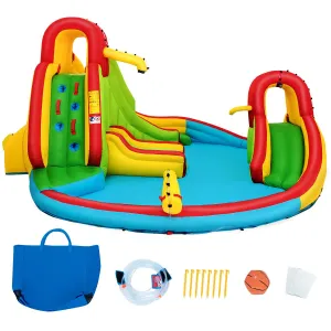 Inflatable Water Park Jumping Castle, Kids Jumping Bounce House w/ Large Splash Pool, Slides, Water Canon, Water Spray（No Blower）