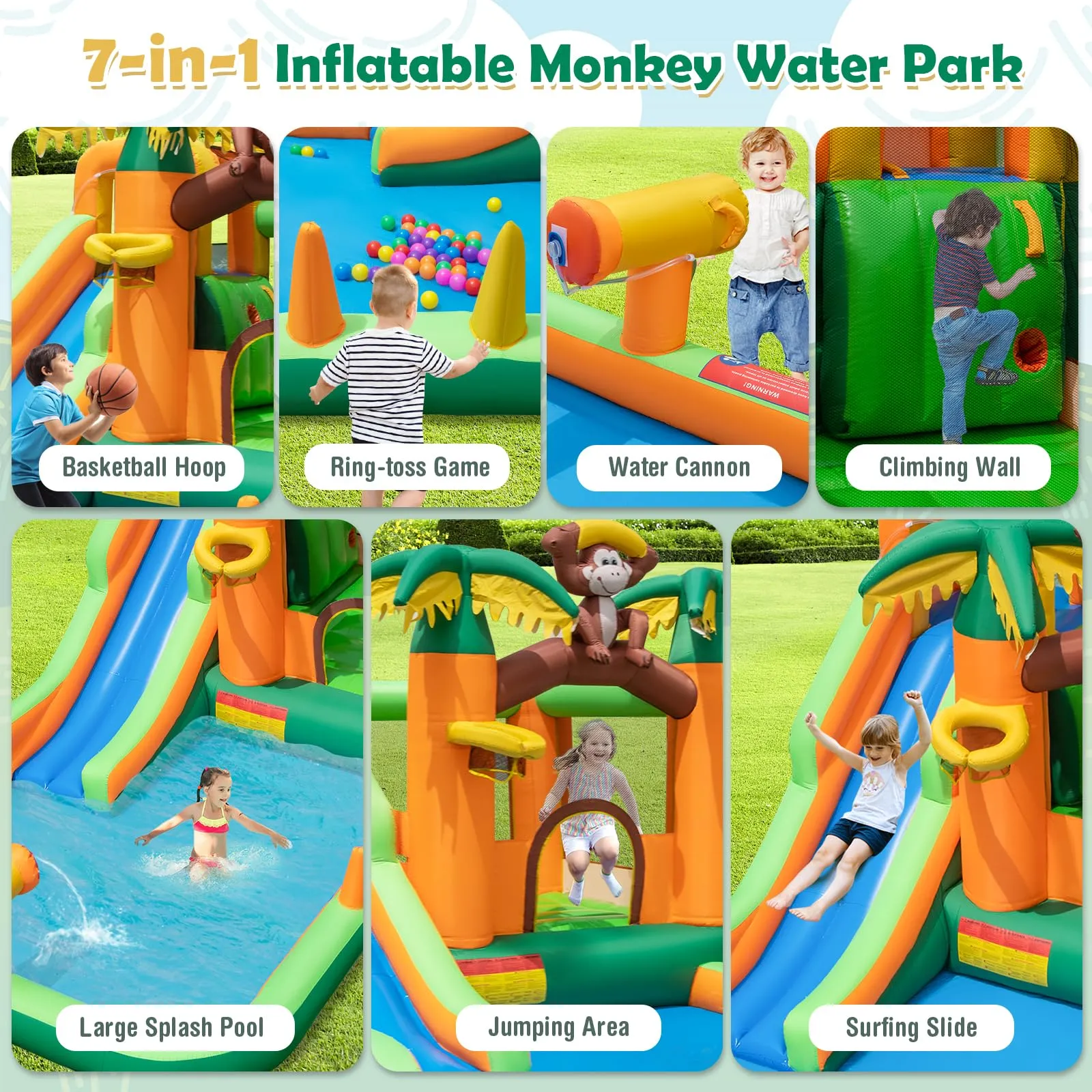 Inflatable Water Slide, 7-in-1 Bounce House Water Park, Kids Indoor Outdoor Jumping Castle (without 680W Blower)