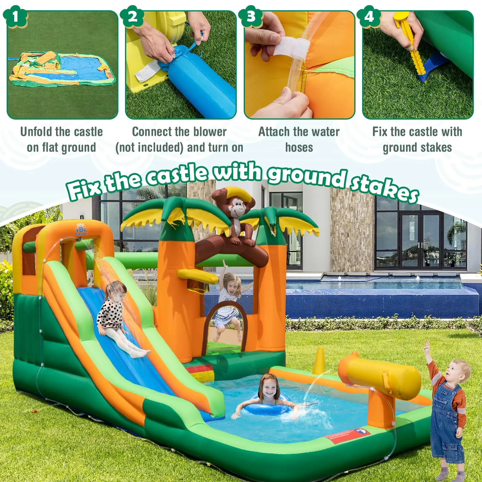 Inflatable Water Slide, 7-in-1 Bounce House Water Park, Kids Indoor Outdoor Jumping Castle (without 680W Blower)