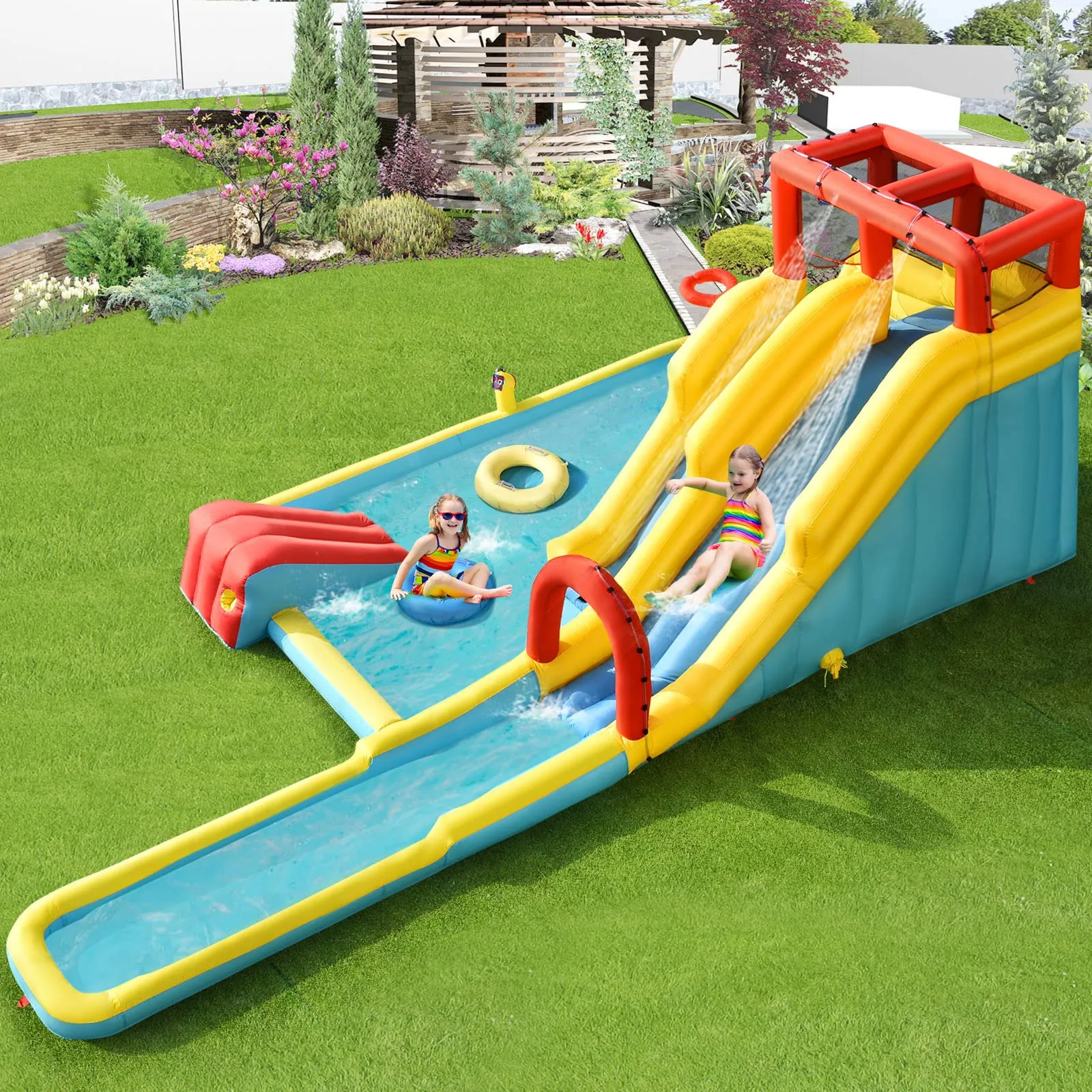 Inflatable Water Slide, 7-in-1 Double Long Slide Inflatable Water Park w/Climbing Wall (with 750W Blower)